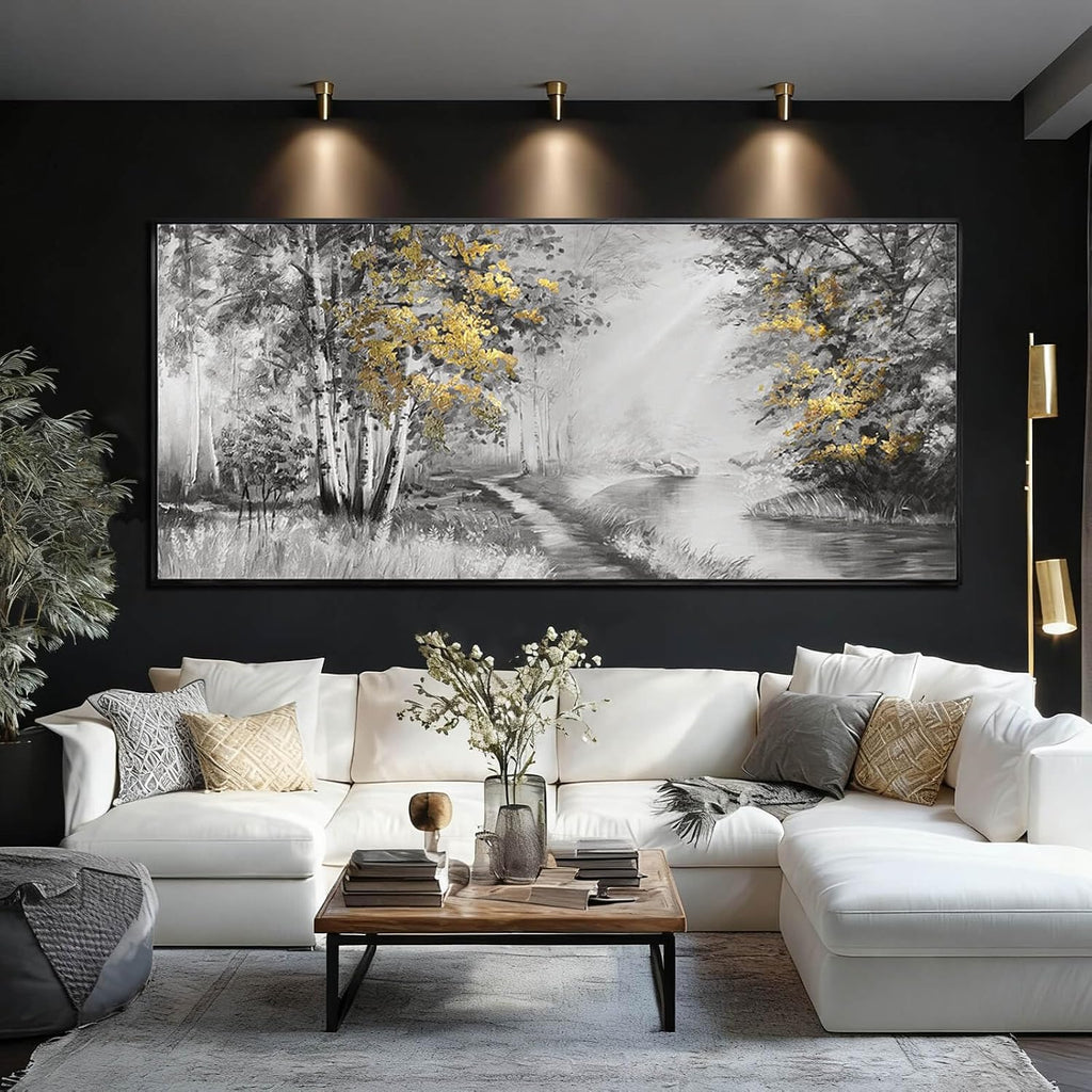 SOUGUAN Grey and Gold Canvas Wall Art Tree Wall Decor Modern Posters 32'x70' Large Decoration Living Room Pictures for Bedroom Office