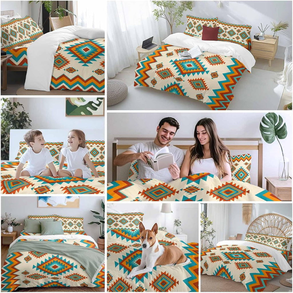 Bohemia Geometric Duvet Cover Set Queen Size 4 Pieces Western Teal Orange Beige Aztec Ethnic Bedding Set with Zipper Closure, 1 Comforter Cover 92x106 Inches 1 Flat Sheet & 2 Pillow Cases