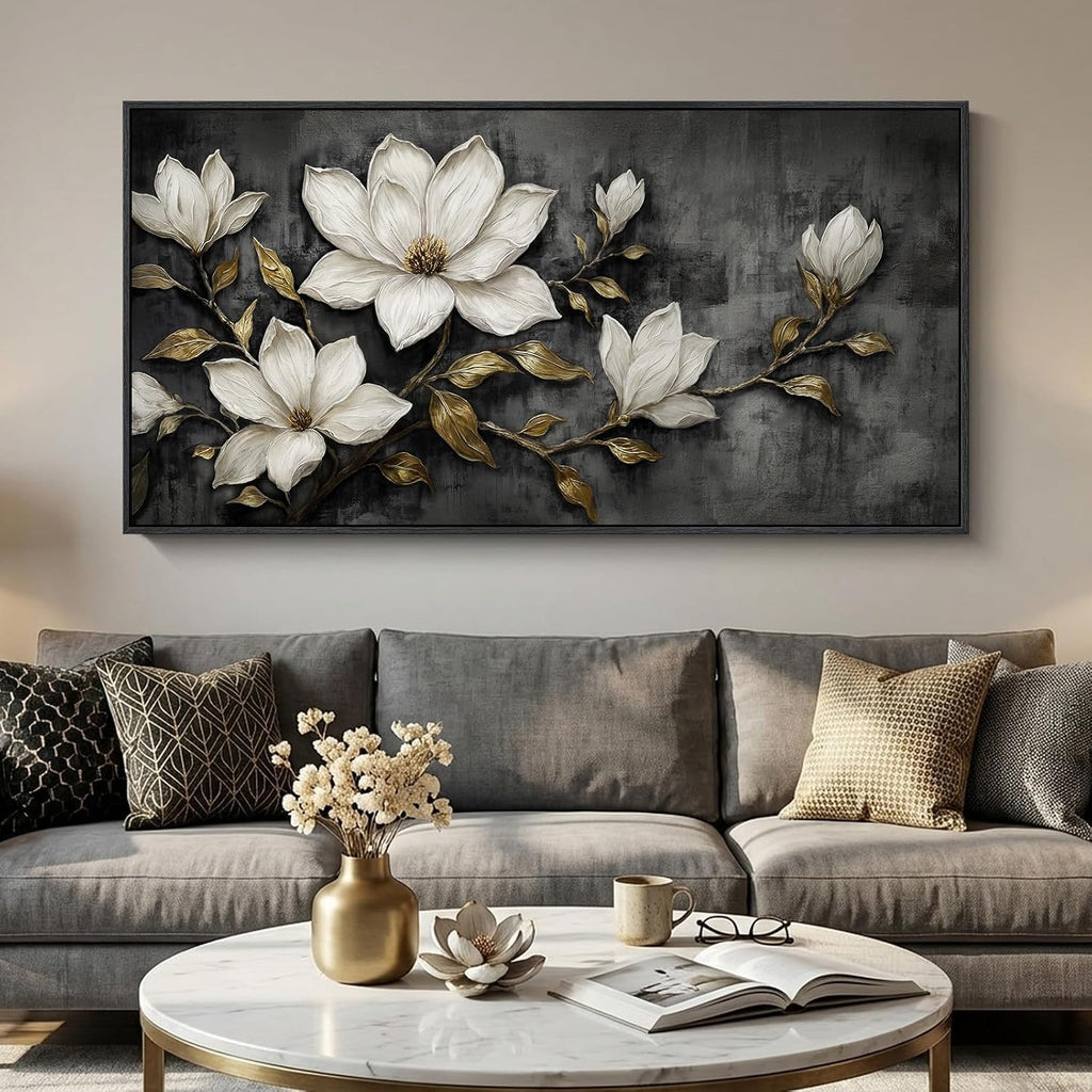 Large Framed Black and White Botanical Wall Art for Living Room, Modern Magnolia Floral Canvas Prints Paintings, Elegant Flower with Gold Leaves Pictures for Dining Room Office Wall Decor, 60x30 Inch