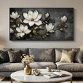 Large Framed Black and White Botanical Wall Art for Living Room, Modern Magnolia Floral Canvas Prints Paintings, Elegant Flower with Gold Leaves Pictures for Dining Room Office Wall Decor, 60x30 Inch