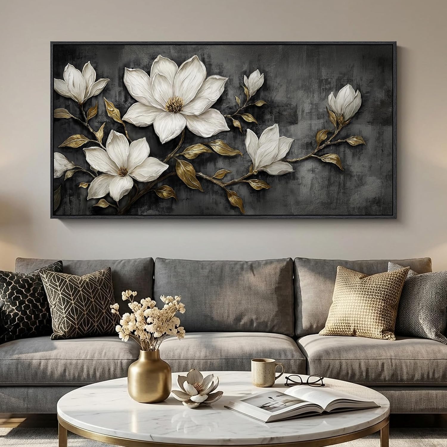 Large Framed Black and White Botanical Wall Art for Living Room, Modern Magnolia Floral Canvas Prints Paintings, Elegant Flower with Gold Leaves Pictures for Dining Room Office Wall Decor, 60x30 Inch