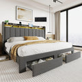 SHA CERLIN King Size Platform Bed Frame with Vertical Channel Tufted Wingback Headboard & 2 Storage Drawers/2-Tier Shelves with LED Lights & Charging Station/Noise-Free/No Box Spring Needed/Dark Grey