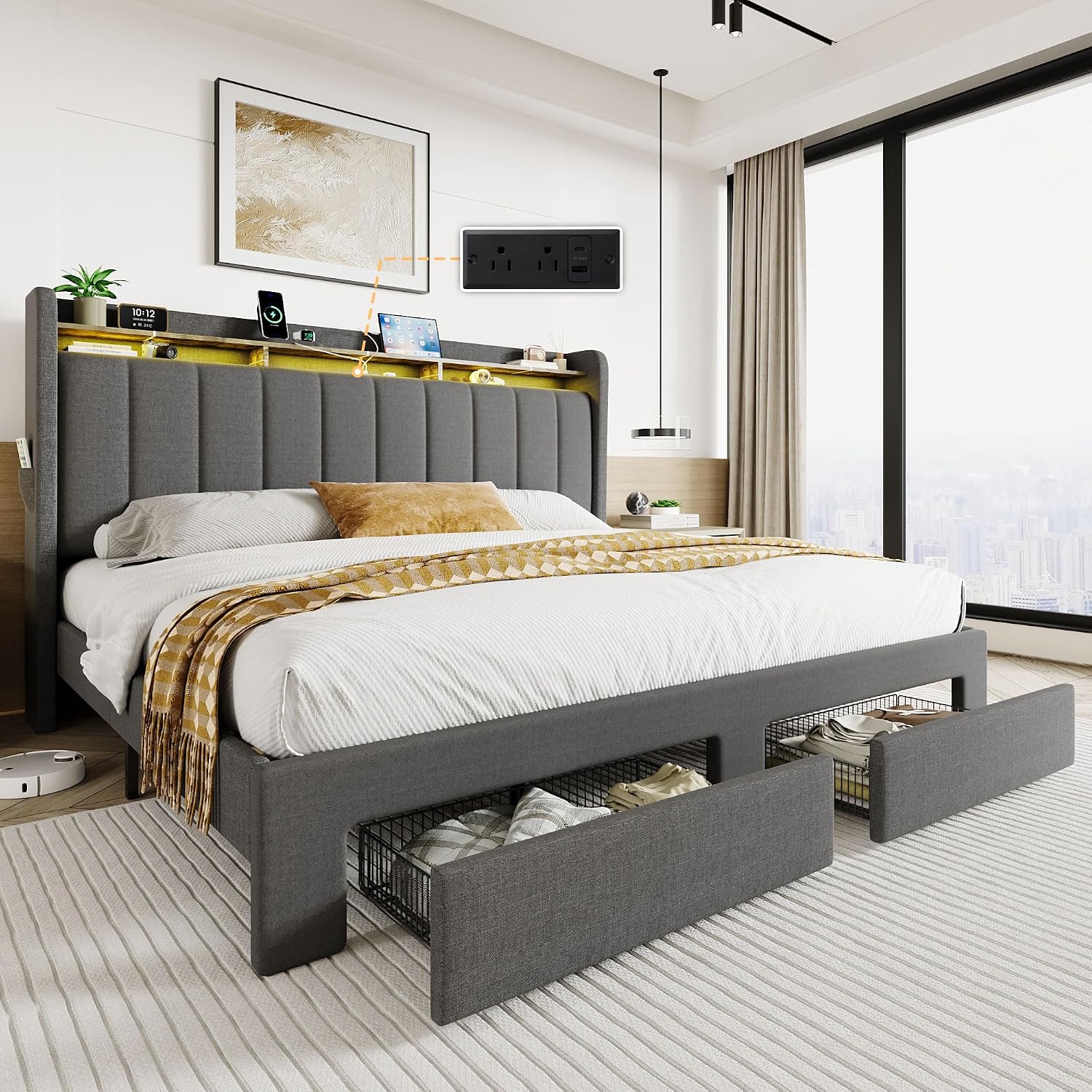 SHA CERLIN King Size Platform Bed Frame with Vertical Channel Tufted Wingback Headboard & 2 Storage Drawers/2-Tier Shelves with LED Lights & Charging Station/Noise-Free/No Box Spring Needed/Dark Grey