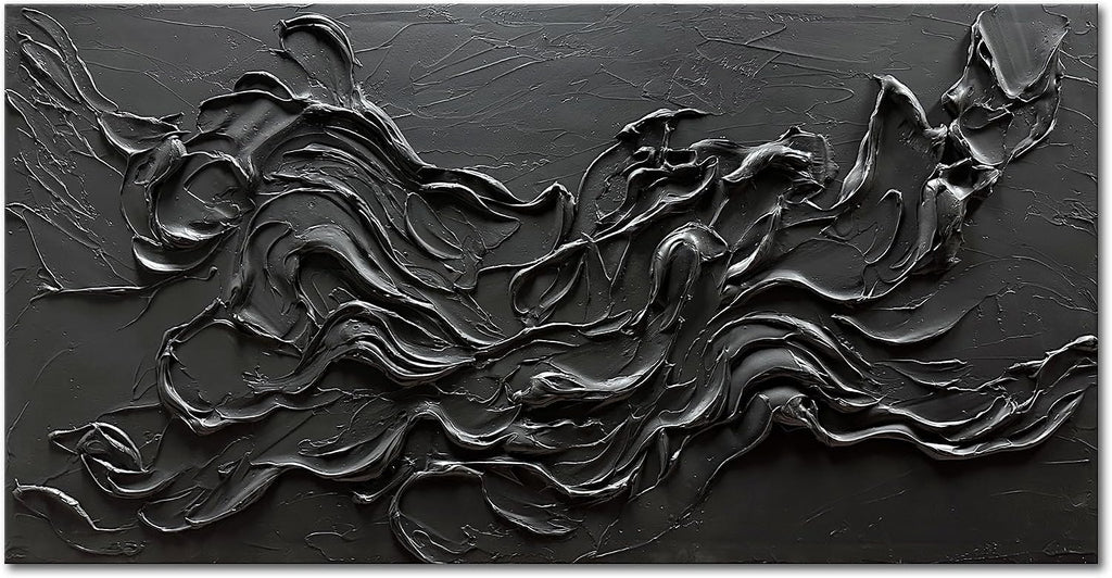 zoinart Hand Painted Large Black Wall Art 30'x60' Thick Texture Minimalist Oil Paintings Contemporary Art Oil on Canvas Abstract Textured Wall Art Pure Black Wall Art