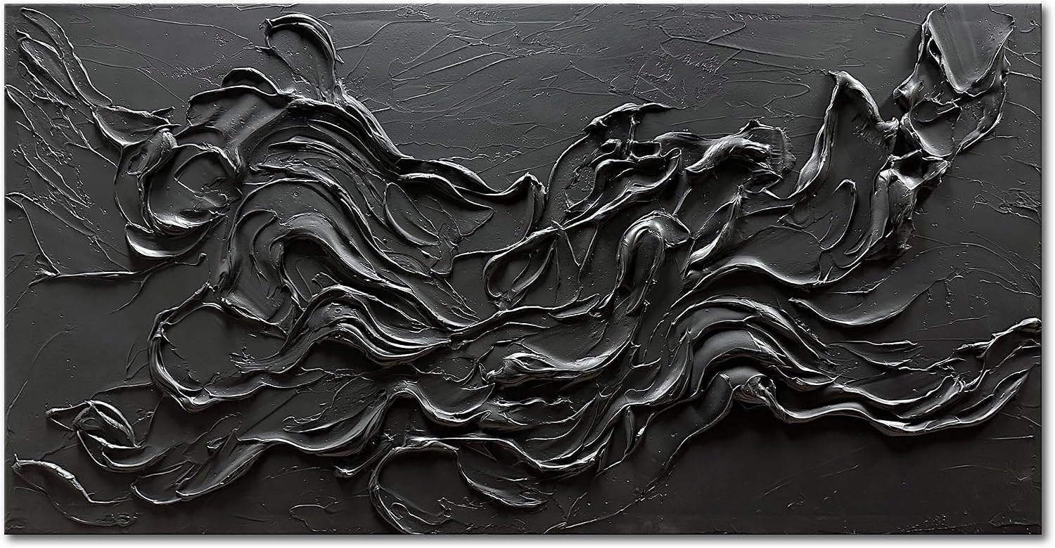 zoinart Hand Painted Large Black Wall Art 30'x60' Thick Texture Minimalist Oil Paintings Contemporary Art Oil on Canvas Abstract Textured Wall Art Pure Black Wall Art
