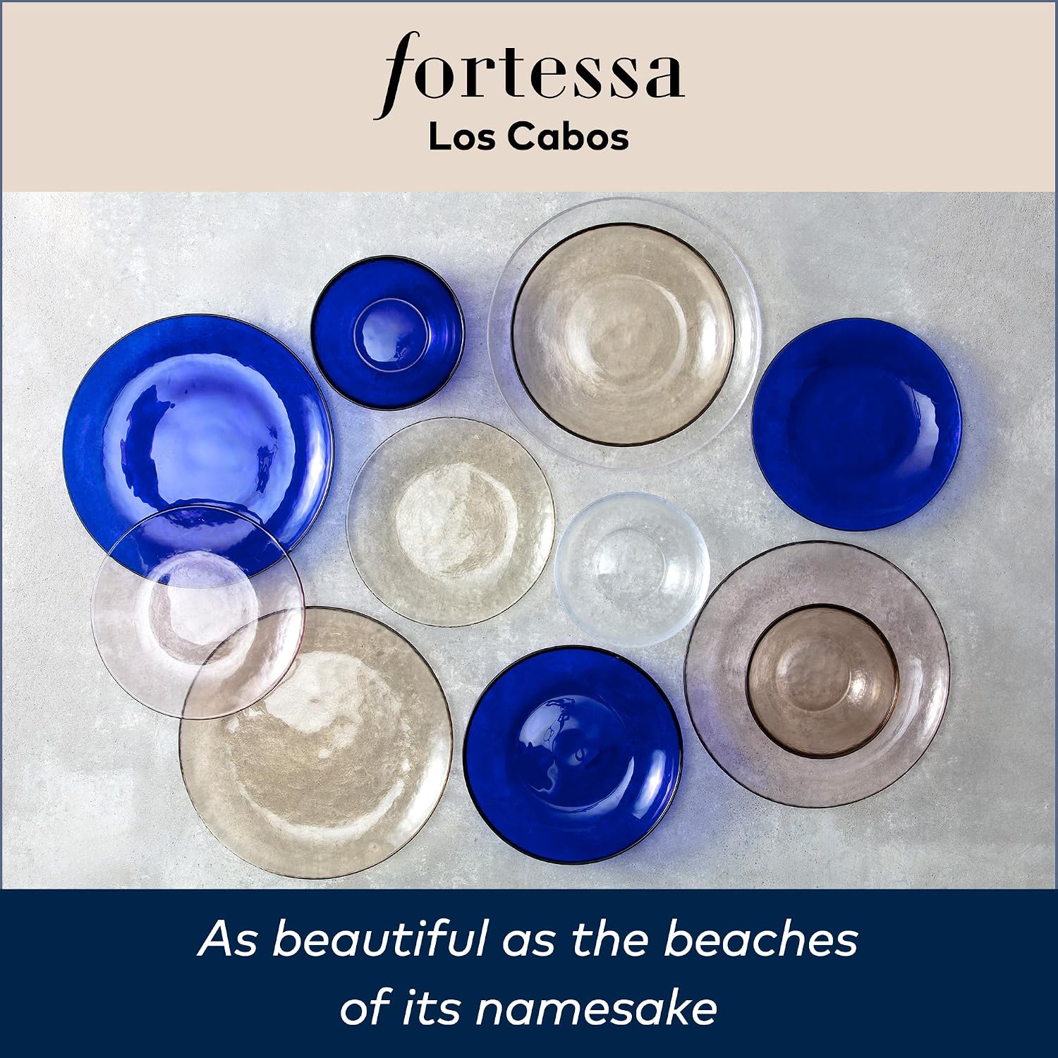 FORTESSA Los Cabos Tableware, 16-Piece Glass Dinnerware Set with 4 Dinner Plates, 4 Salad Plates, 4 Coupe Bowls and 4 Cereal Bowls, Dishwasher-Safe Glass Plate Set, Cobalt Blue