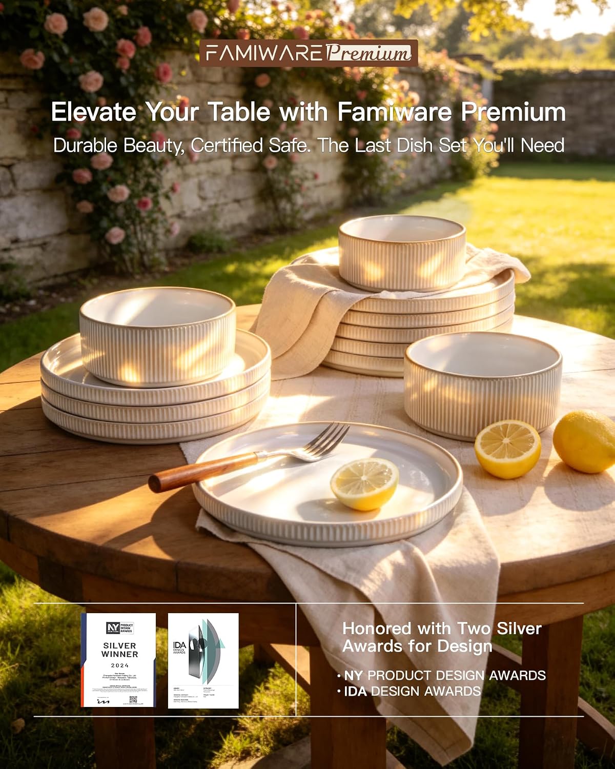 Stoneware Plates and Bowls Dishes Sets for 6 (18-Piece), Famiware Premium Handcrafted Reactive Glaze Dinnerware Set with Raised Rim, Scratch Resistant, Microwave Dishwasher Safe, Cappuccino White