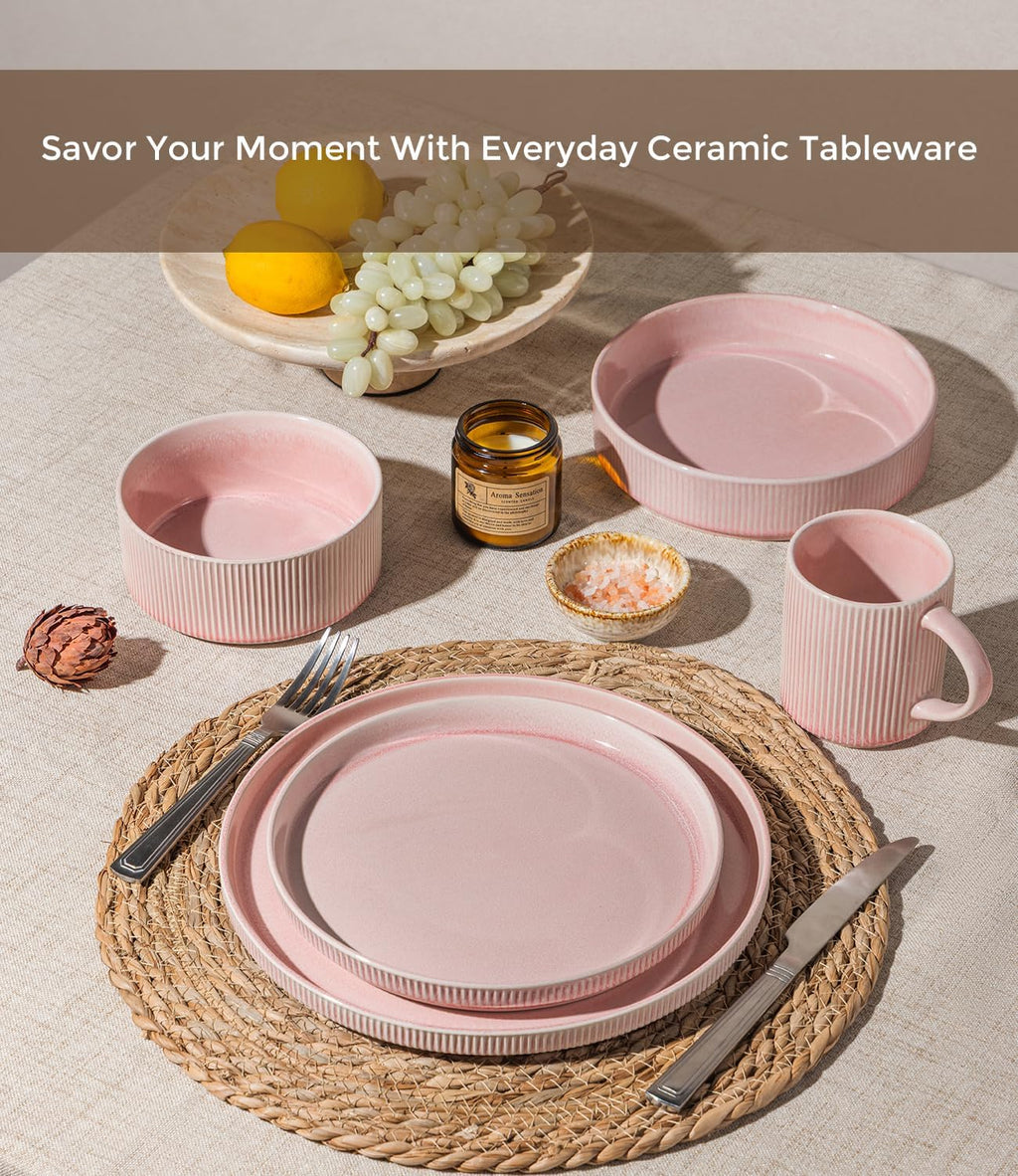 GBHOME 24-Piece Stoneware Dinnerware Set for 8 – Ribbed Ceramic Plates and Bowls, Scratch-Resistant, Microwave & Dishwasher Safe, Reactive Glaze, Blush Veil