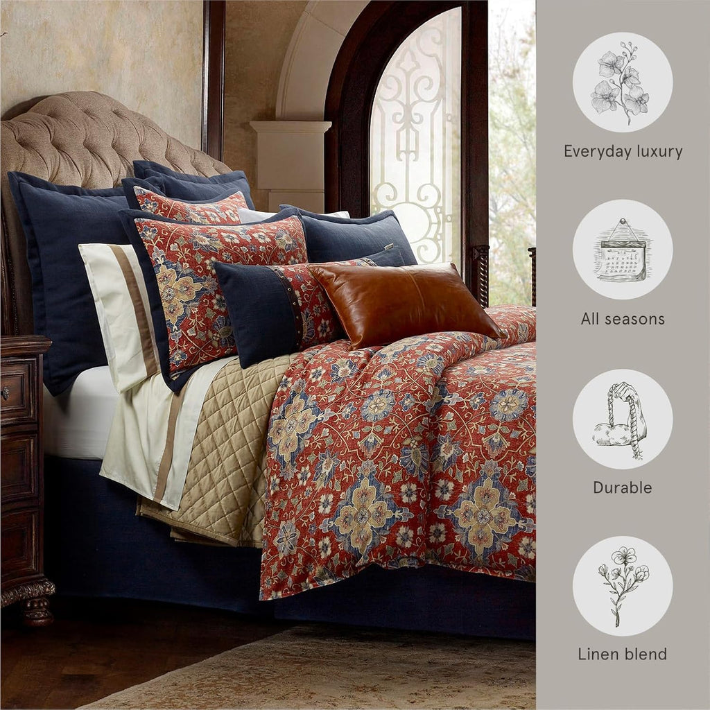 HiEnd Accents Washed Linen Melinda 3 Piece Floral Comforter Set, Queen Size, Red Navy Blue Medallion Bedding, Classic Western Modern Rustic Lodge Style, Flower Linen Comforter with Pillow Shams