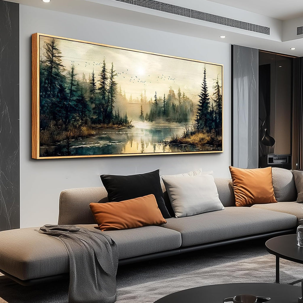 FUHAIHUA Wood Framed Large Wall Decor For Living Room Canvas Wall Art For Office Farmhouse Wall Decorations For Bedroom Forest River Landscape Paintings Modern Pictures Artwork Room Home Decor 32x72 In