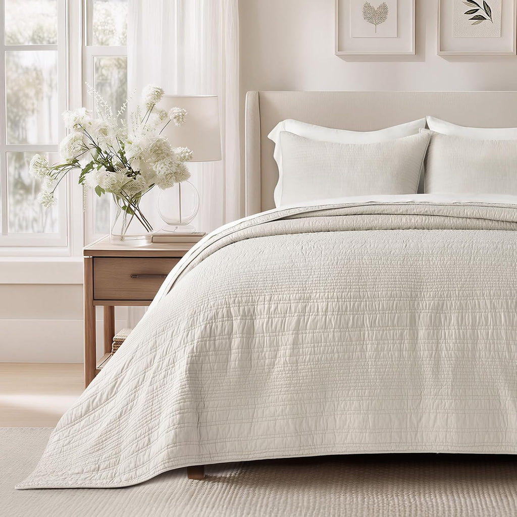 EVERGRACEHOME 100% Cotton Modern Lines Quilt Set Oversized King, Pre-Washed Soft Striped Coverlet Bedspread, 3 Piece Lightweight Bedding Set for All Season, with 2 Pillow Shams, Birch
