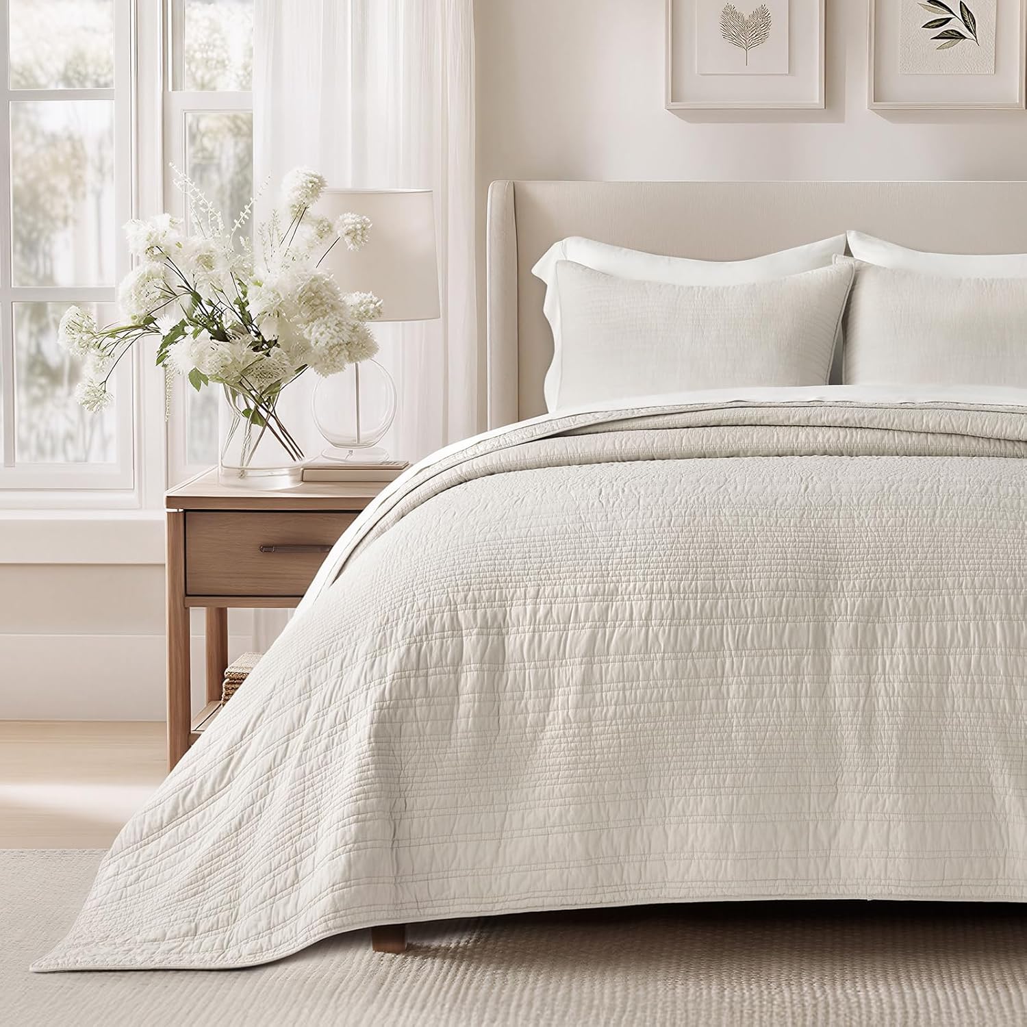 EVERGRACEHOME 100% Cotton Modern Lines Quilt Set Oversized King, Pre-Washed Soft Striped Coverlet Bedspread, 3 Piece Lightweight Bedding Set for All Season, with 2 Pillow Shams, Birch