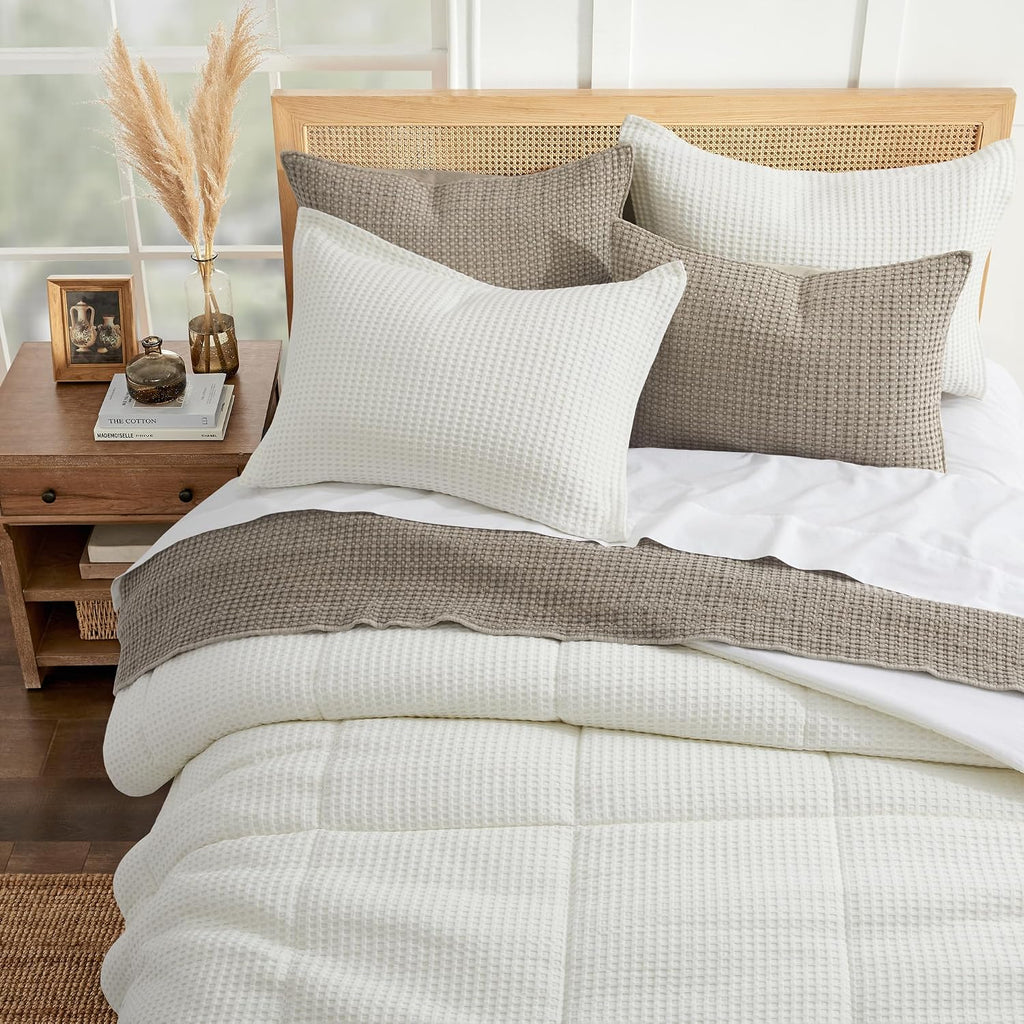 Levtex Home Mills Waffle Full/Queen Comforter Set (90x94in) with 2 Pillow Shams (26x20in) - Cream - 100% Cotton Full/Queen Size Comforter Set - Soft, Pre-Washed