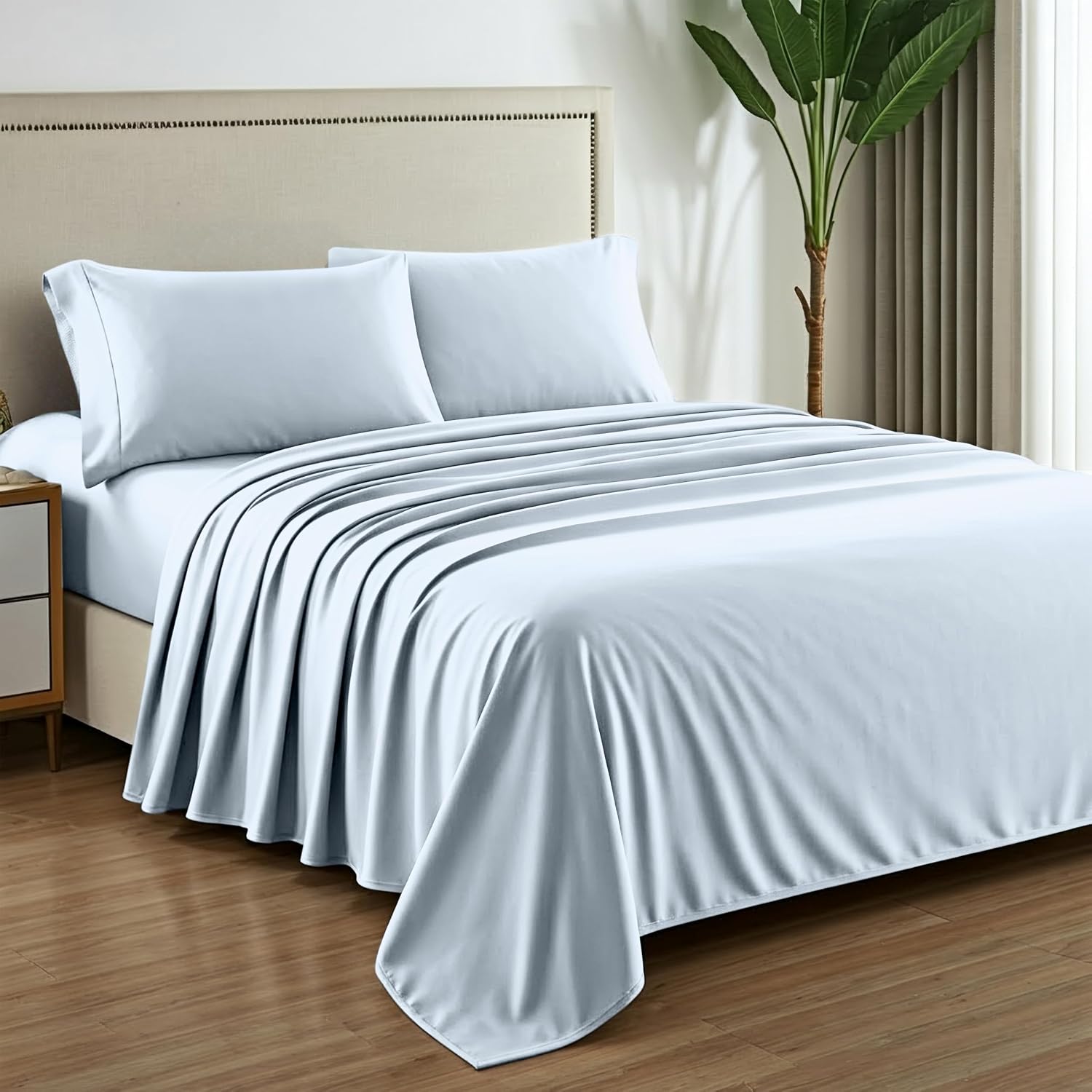 Mayfair Linen 100% Pure Egyptian Cotton Sheet King Size - Luxury 1000 Series Grandiose Collection King Size Sheets Set (4 PC, Light Blue), 16' Deep Pocket Sateen Weave Soft Cooling Hotel Bed Sheet Set