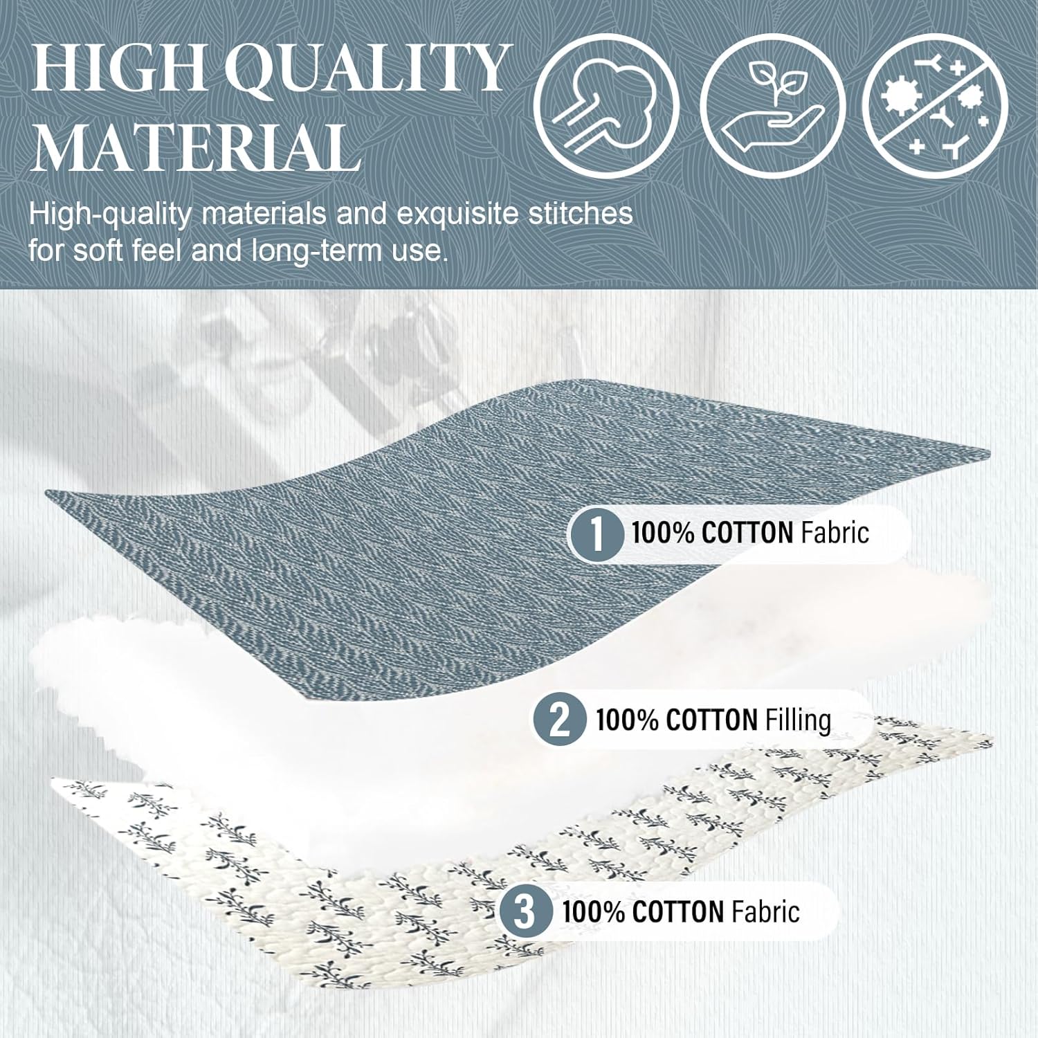 SahSahCasa Quilt Set King Size, 100% Cotton Quilt Bedding Set Bedspread, Botanical Pattern Solid Color Chic Lightweight Quilted Comforter for King Bed, White/Grayish-Blue, All Season, 3 Pieces