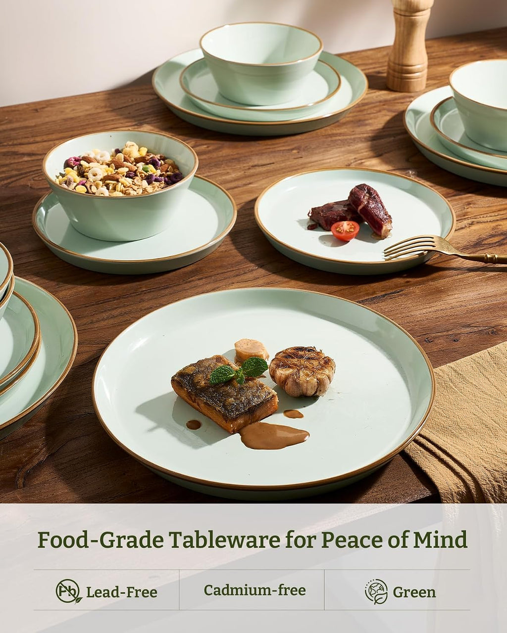 Famiware Saturn Plates and Bowls Dish Sets for 6 (18 Pieces), Stoneware Dinnerware Set with Hand-Painted Trim - Chip & Scratch Resistant, Microwave & Dishwasher Safe Ceramic Dishes, Light Green