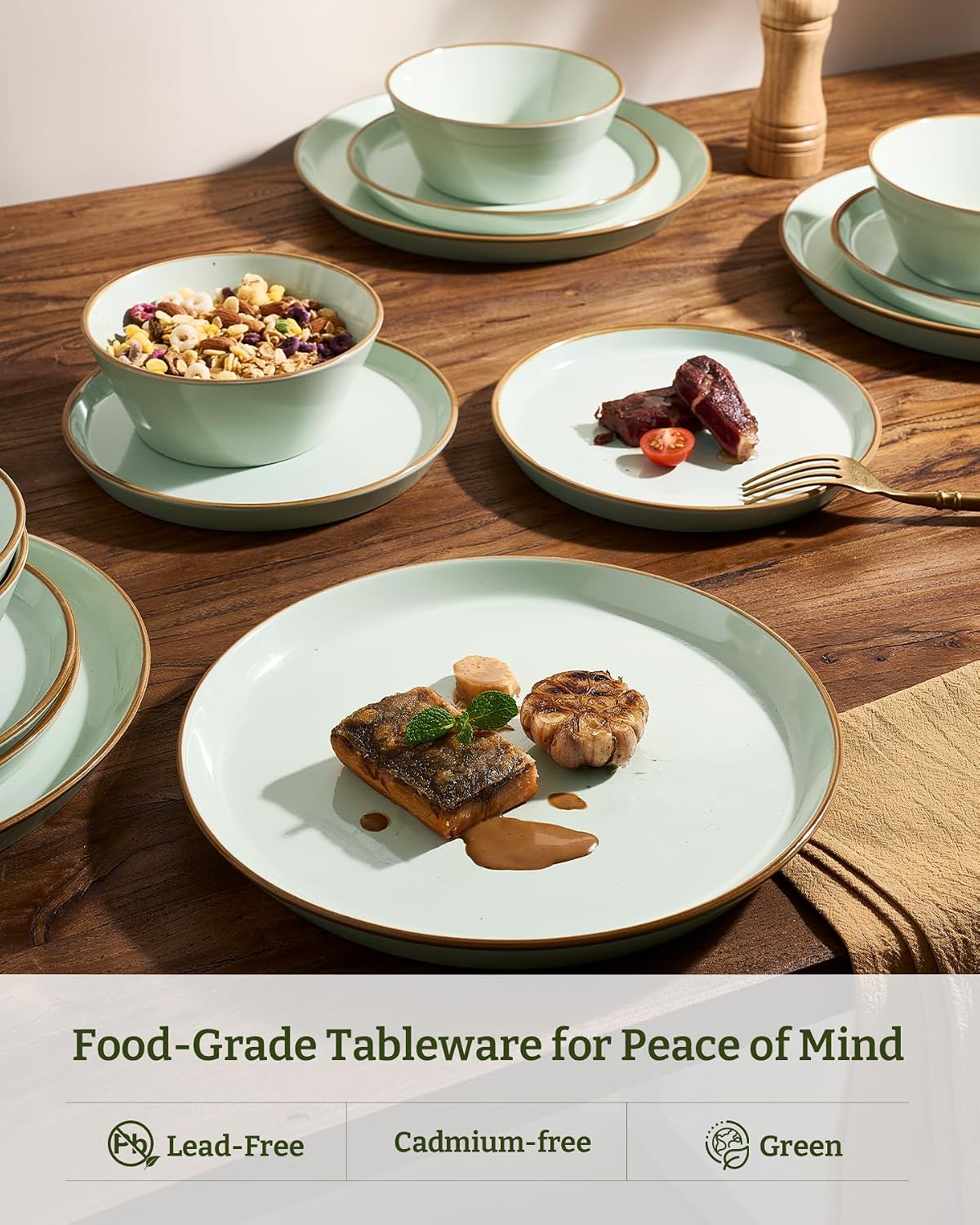 Famiware Saturn Plates and Bowls Dish Sets for 6 (18 Pieces), Stoneware Dinnerware Set with Hand-Painted Trim - Chip & Scratch Resistant, Microwave & Dishwasher Safe Ceramic Dishes, Light Green