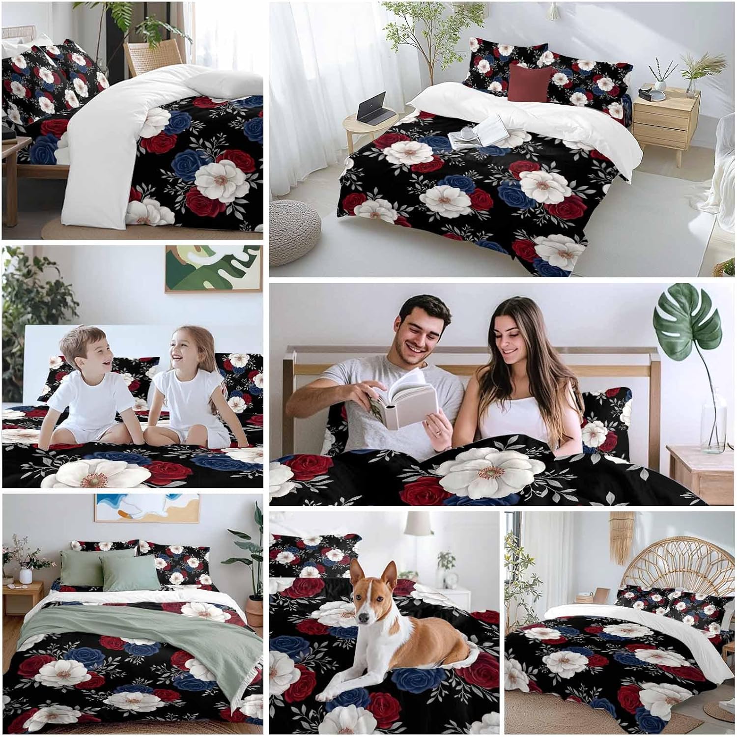 Prime Leader Independence Day Duvet Cover Set Queen Size 4 Pieces Red Blue White Roses Floral Leaf Black Bedding Set with Zipper Closure, 1 Comforter Cover 90x92 Inches 1 Flat Sheet & 2 Pillow Cases