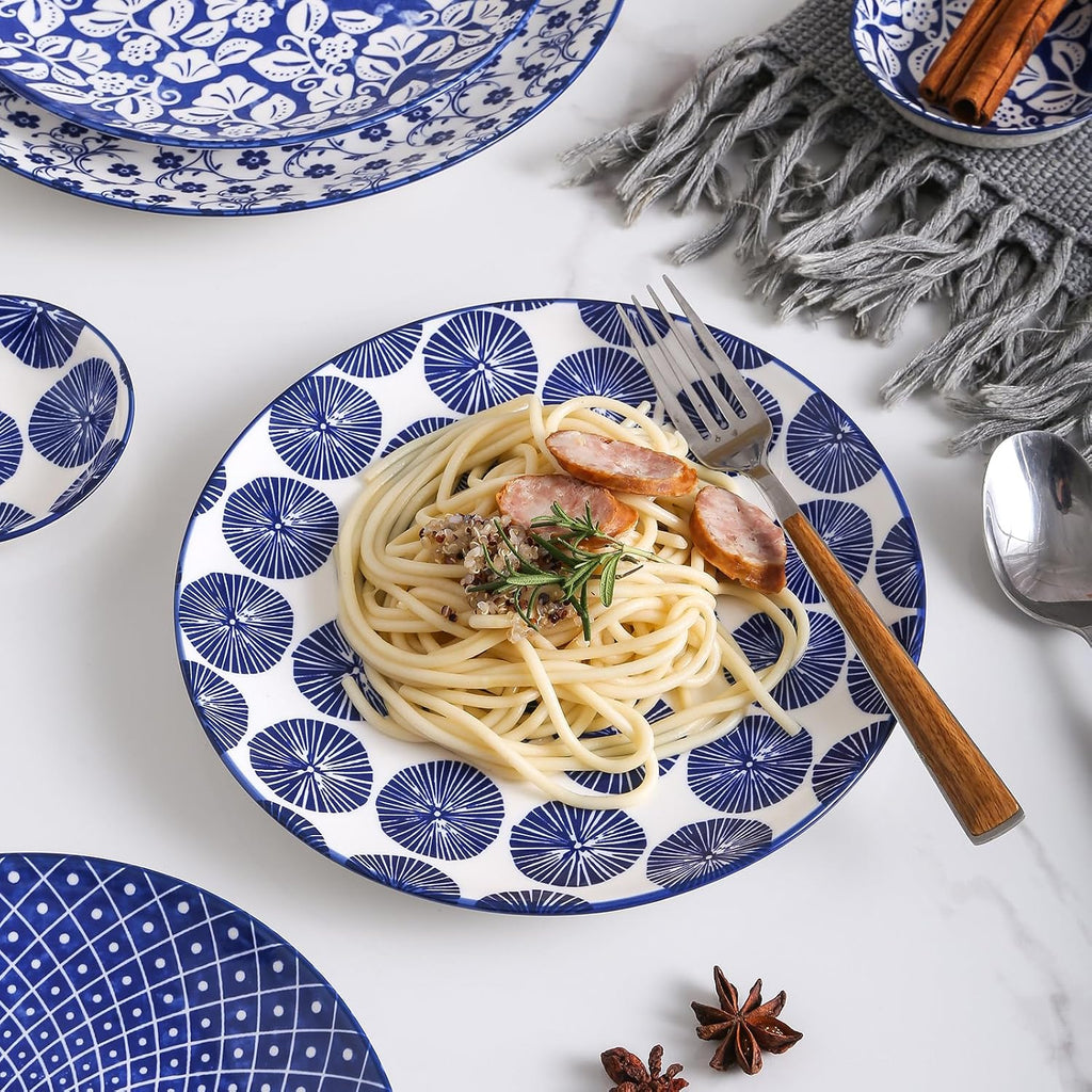 Selamica Ceramic Dinnerware Sets for 6, 24 Piece Plates and Bowls Sets, Scratch Resistant Dishes Set-Dishwasher & Microwave & Oven Safe, Vintage Blue