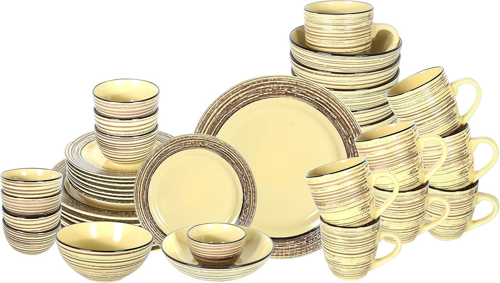 48 Piece Dinnerware Set, Ceramic Plates and Bowls Sets for 8, Microwave and Dishwasher Safe, Handcrafted Tree Bark Series Dish Set, Bamboo