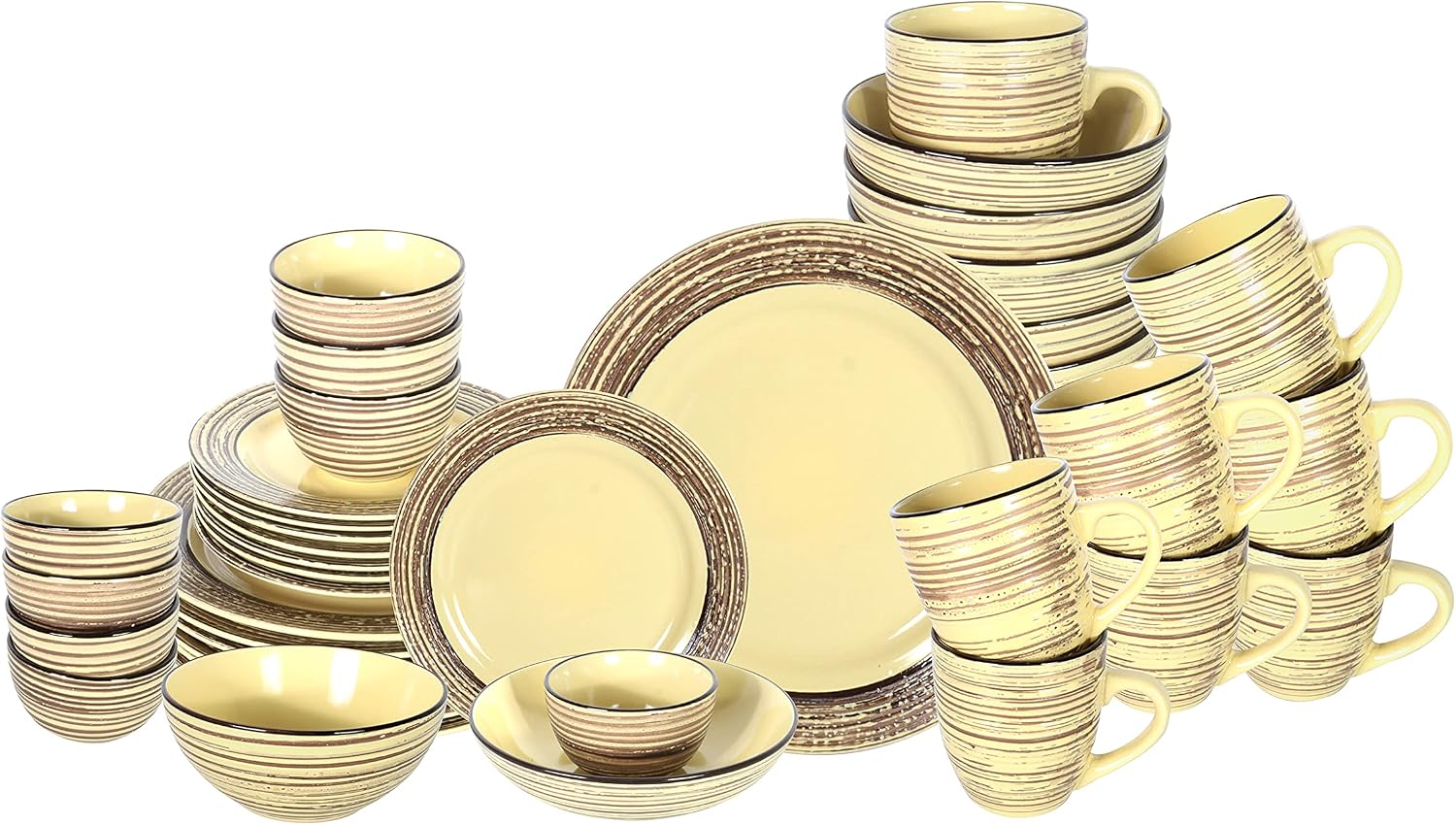 48 Piece Dinnerware Set, Ceramic Plates and Bowls Sets for 8, Microwave and Dishwasher Safe, Handcrafted Tree Bark Series Dish Set, Bamboo