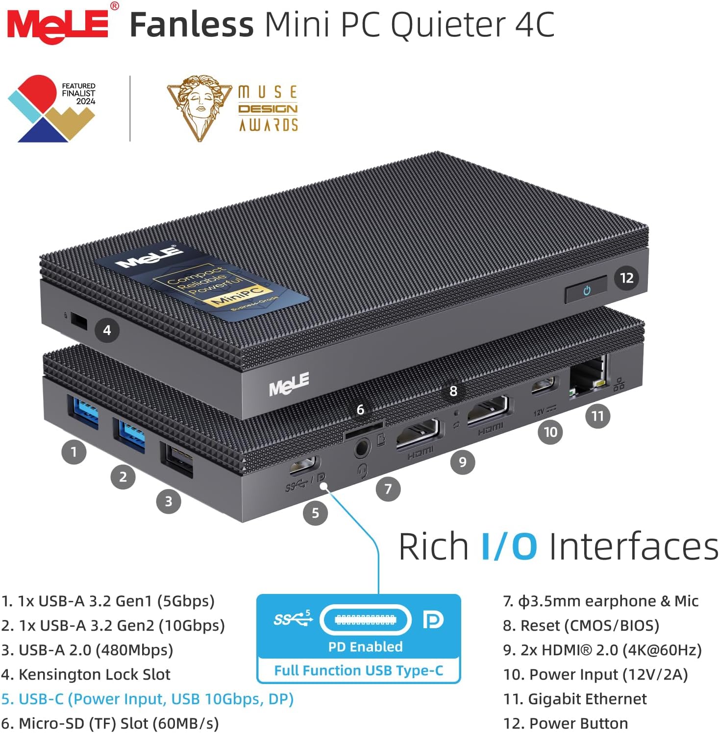 MeLE Mini PC Quieter 4C - 12th Gen N100, Fanless PC, 8GB Memory, 128GB Storage, 2.4/5G Wi-Fi, Full-Functional USB-C, 4K Triple Display Desktop on Home, Office, Education, Astrophotography