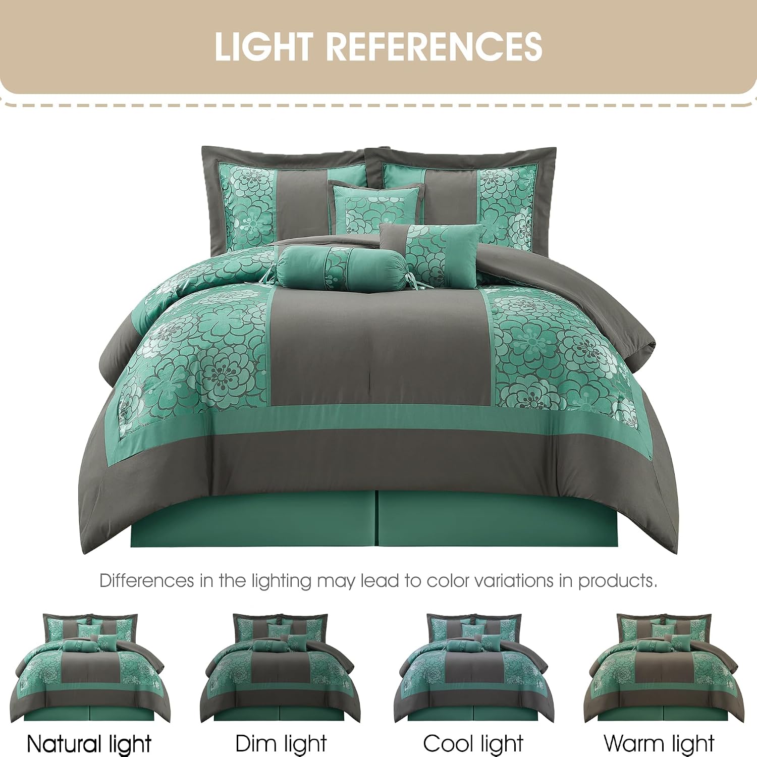 Grand Avenue Aqua Grey Comforter Set Queen Size, 7 Piece Jacquard Soft Bedding Set, All Season, Bedskirt, Pillows & Shams