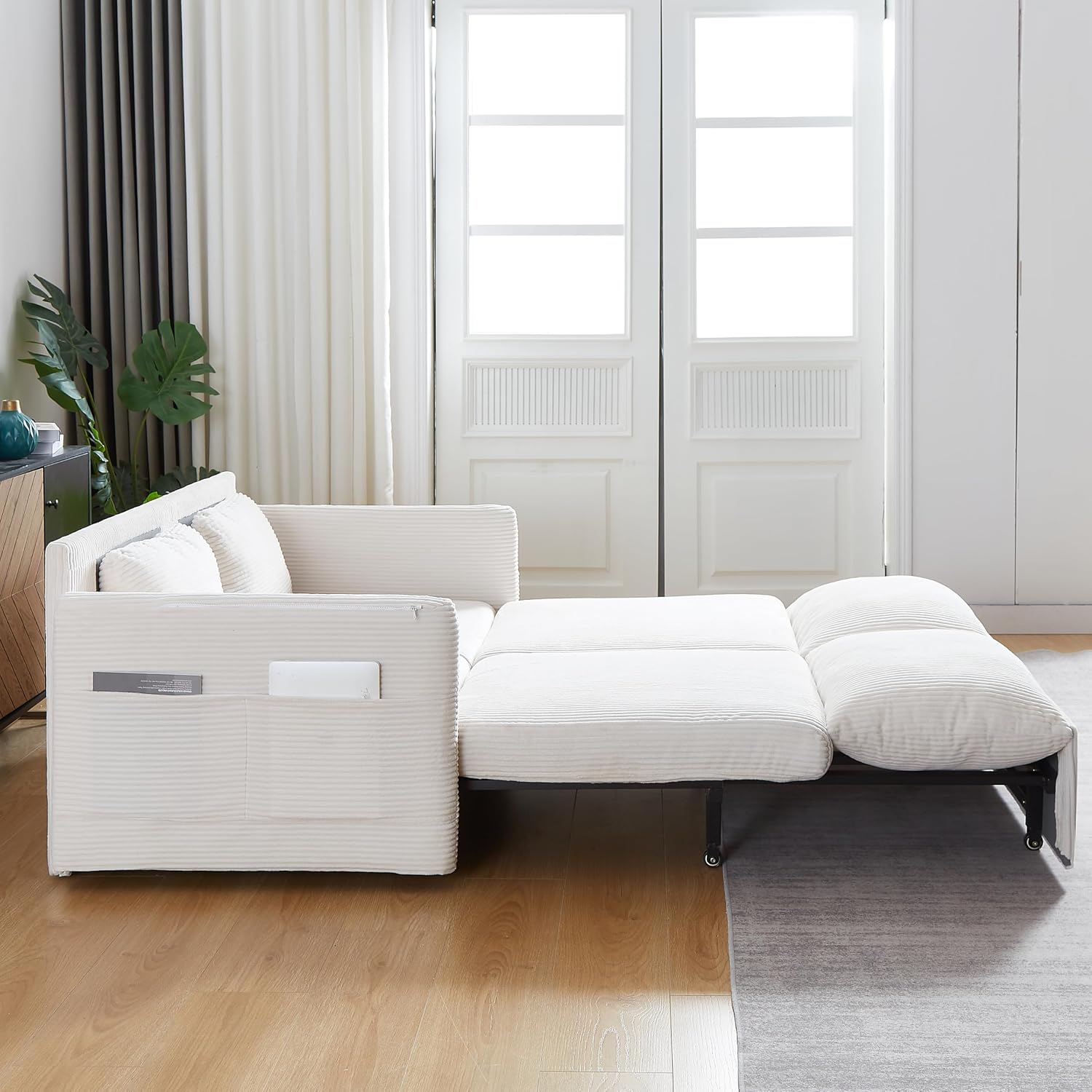 WILLIAMSPACE 64.5' Pull Out Sofa Bed, 3-in-1 Adjustable Sleeper Sofa Couch with Side Storage, Convertible Loveseat Sofa Bed Pull Out Couch for Living Room, Apartment, Corduroy, Beige