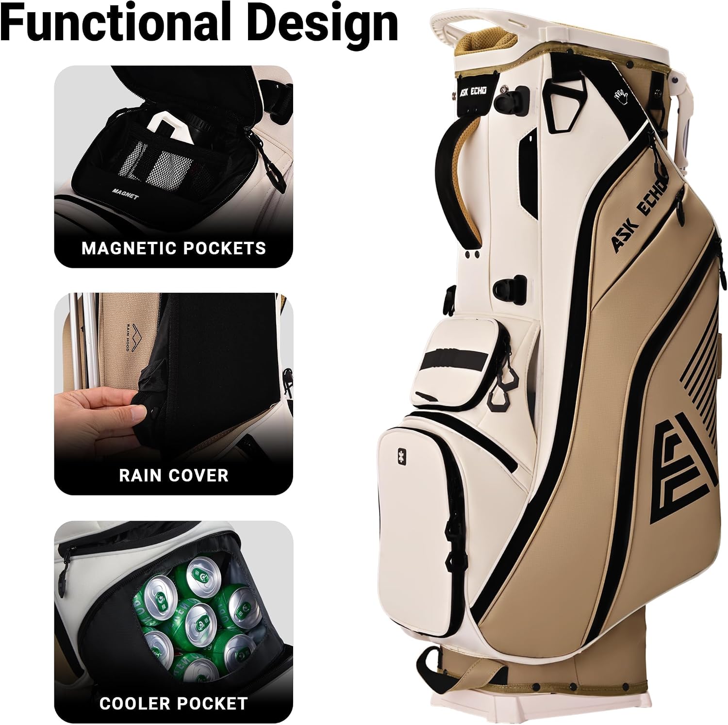 ASK ECHO Golf ST-14 Hybrid Stand Bag with 14 Way Full Length Dividers & Quick Putter Clip