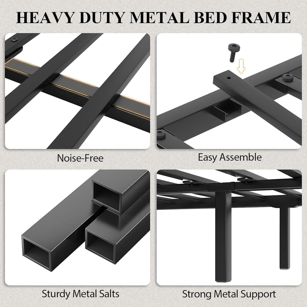 LOEWAY King Size Platform Bed with 2-Tier Storage Headboard, Metal Bed Frame with Charging Station & LED Light, Heavy Duty Metal Slats, No Box Spring Need, Noise Free, Rustic Brown