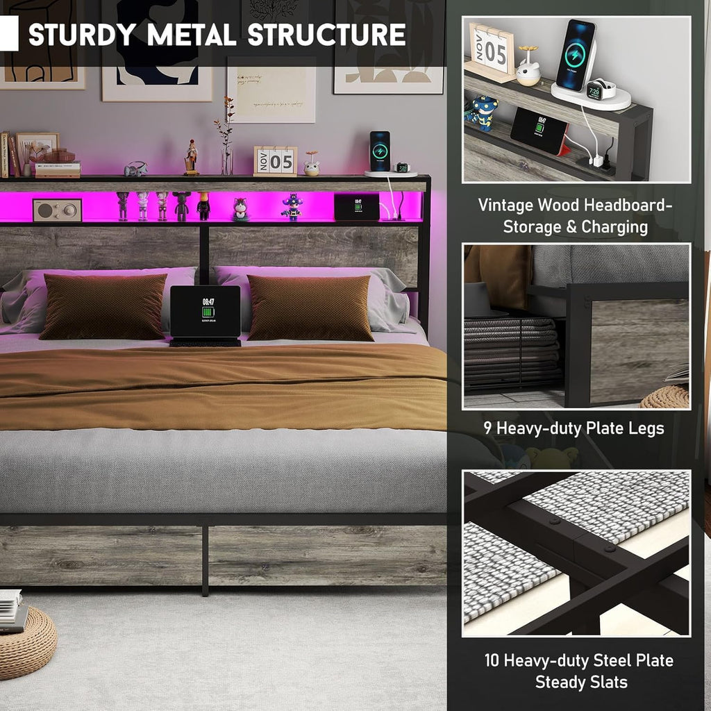 Fabulis King Size Bed Frame with 4 Storage Drawers and Headboard with Charging Station and LED Lights,2 Tier Solid Wood Headboard Storage/Noise Free/No Box Spring Needed/Remote Control/Rustic Grey