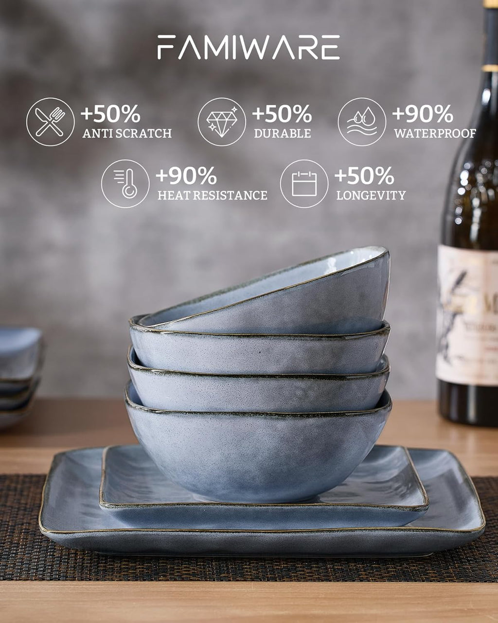 Famiware Dinnerware Sets for 8, Ocean Square 24-Piece Kitchen Plates and Bowls Sets, Microwave and Dishwasher Safe, Scratch Resistant, Blue