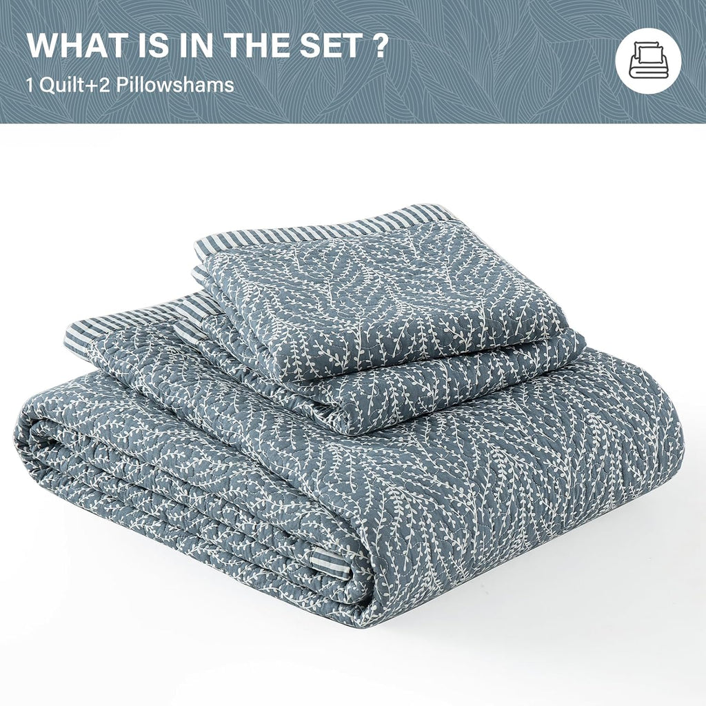SahSahCasa Quilt Set King Size, 100% Cotton Quilt Bedding Set Bedspread, Botanical Pattern Solid Color Chic Lightweight Quilted Comforter for King Bed, White/Grayish-Blue, All Season, 3 Pieces