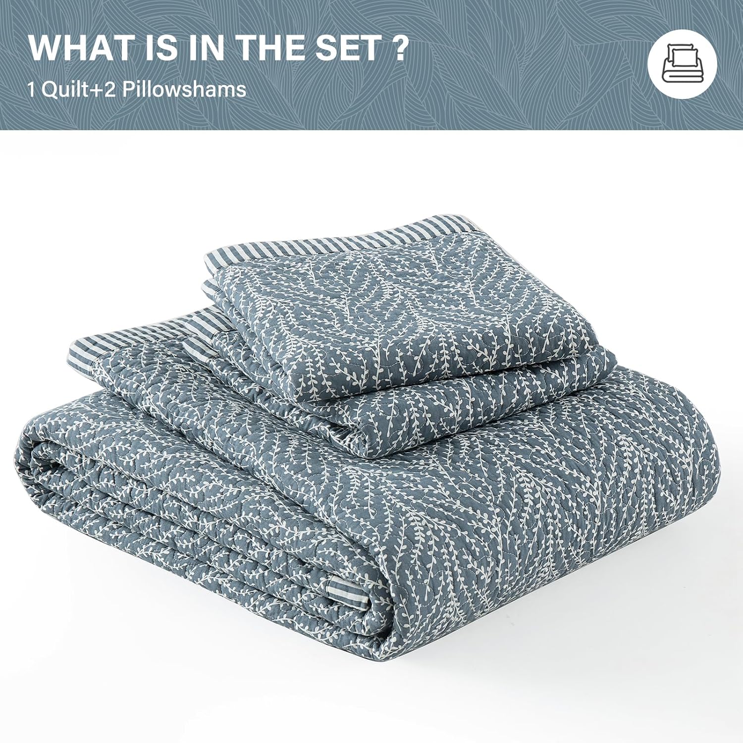 SahSahCasa Quilt Set King Size, 100% Cotton Quilt Bedding Set Bedspread, Botanical Pattern Solid Color Chic Lightweight Quilted Comforter for King Bed, White/Grayish-Blue, All Season, 3 Pieces