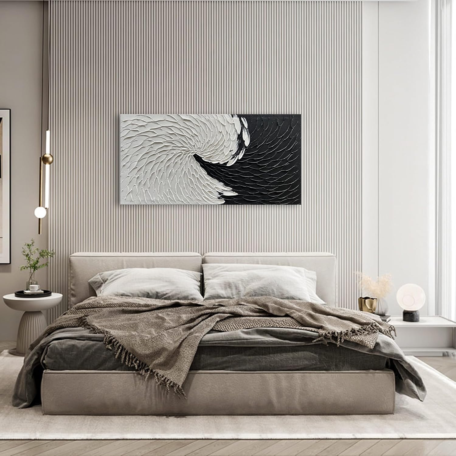 NANKAI Art Hand Painted Black and White Minimalist Oil Painting Modern Abstract Art Home Wall Decoration Painting 24x48 inches