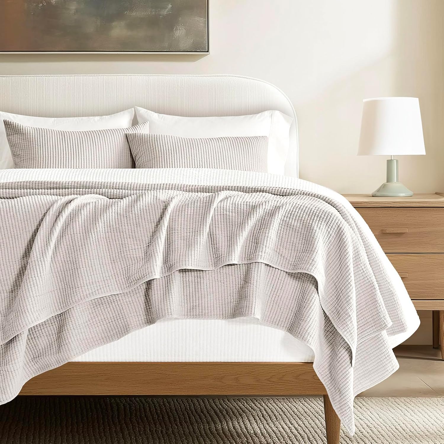 EVERGRACEHOME Cotton Coverlet Set King Size 3 Pieces, Lightweight Soft Ribbed Matelassé Bedspread Quilt Set, Cozy Oversized Quilted Bedding Set with 2 Pillow Shams for All Seasons, Birch