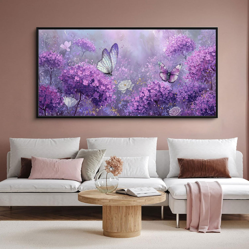 yiijeah Purple Wall Art Bedroom Canvas Lavender Bathroom Decor Butterfly Picture Items for Women Framed Artwork Print 58x29 Inches
