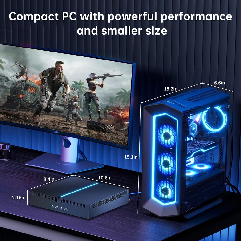 Mini Gaming PC, Desktop Computer i9-13900F 24 Cores Upto 5.6GHz, 32G DDR5, 1T M.2 PCIE4.0 SSD, Windows 11 Pro, GeForce RTX4070 12G, Dual LAN, WiFi6E/BT5.3, Four Display, 8K Outputs
