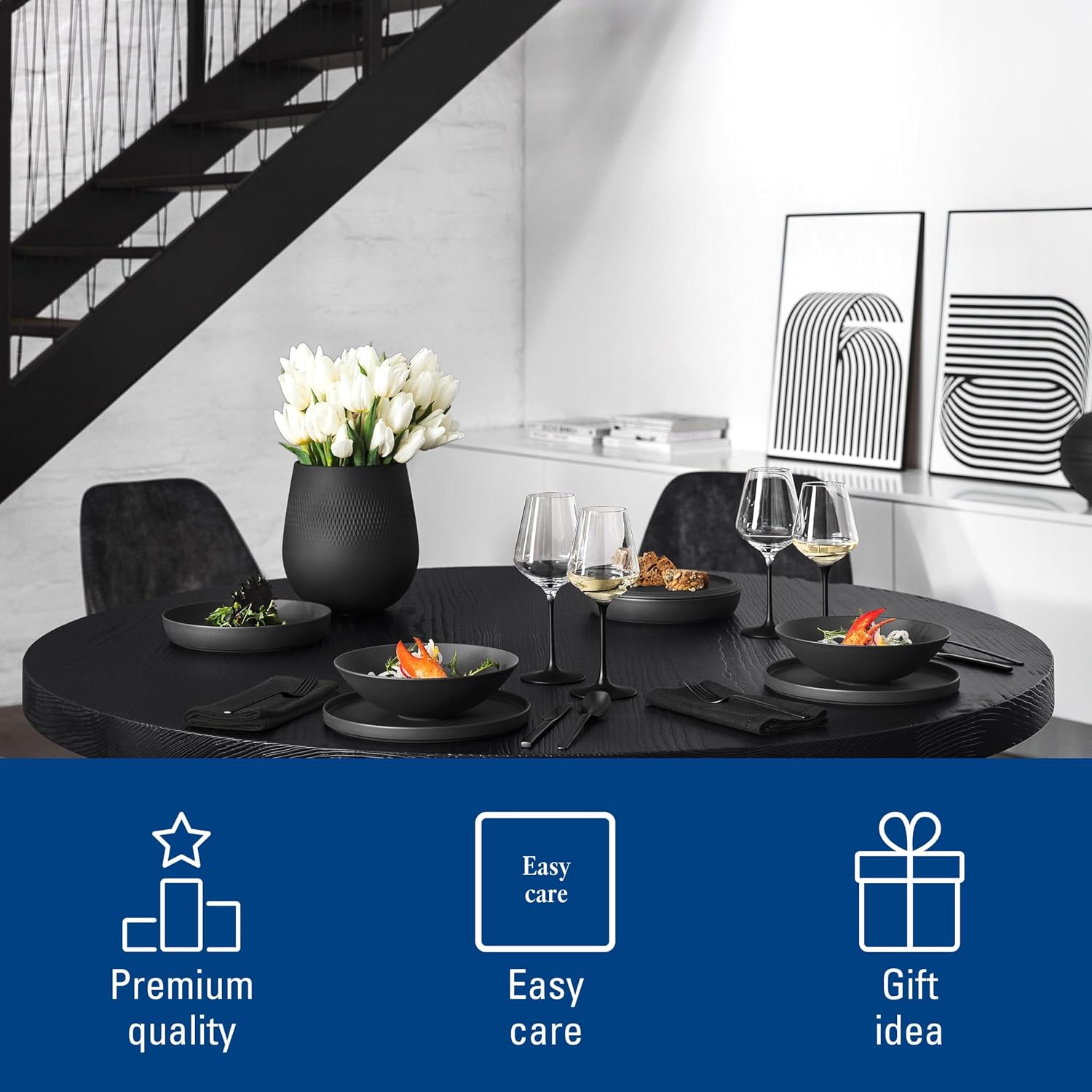 Villeroy & Boch Iconic Collection La Boule, 7-Piece Dinnerware Set for 2, Premium Porcelain, Made in Germany, Dishwasher and Microwave Safe, 9.5 x 9 in, Black