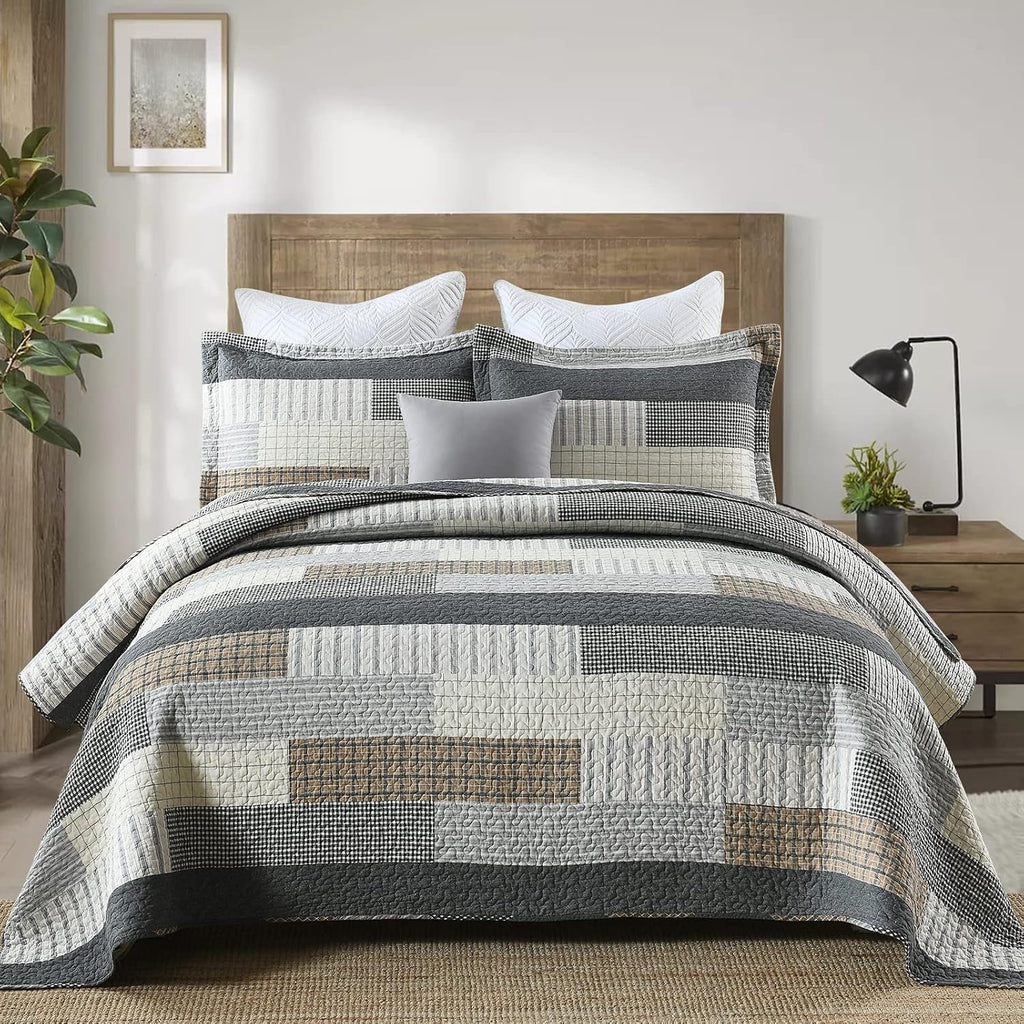 Quilts King Size, King Quilt Bedding Set Bedspread, 100% Cotton Patchwork Quilt for King Bed, 3 Pieces Plaid Farmhouse Reversible Lightweight Comforter Bed Spread, Grey/Tan/Black