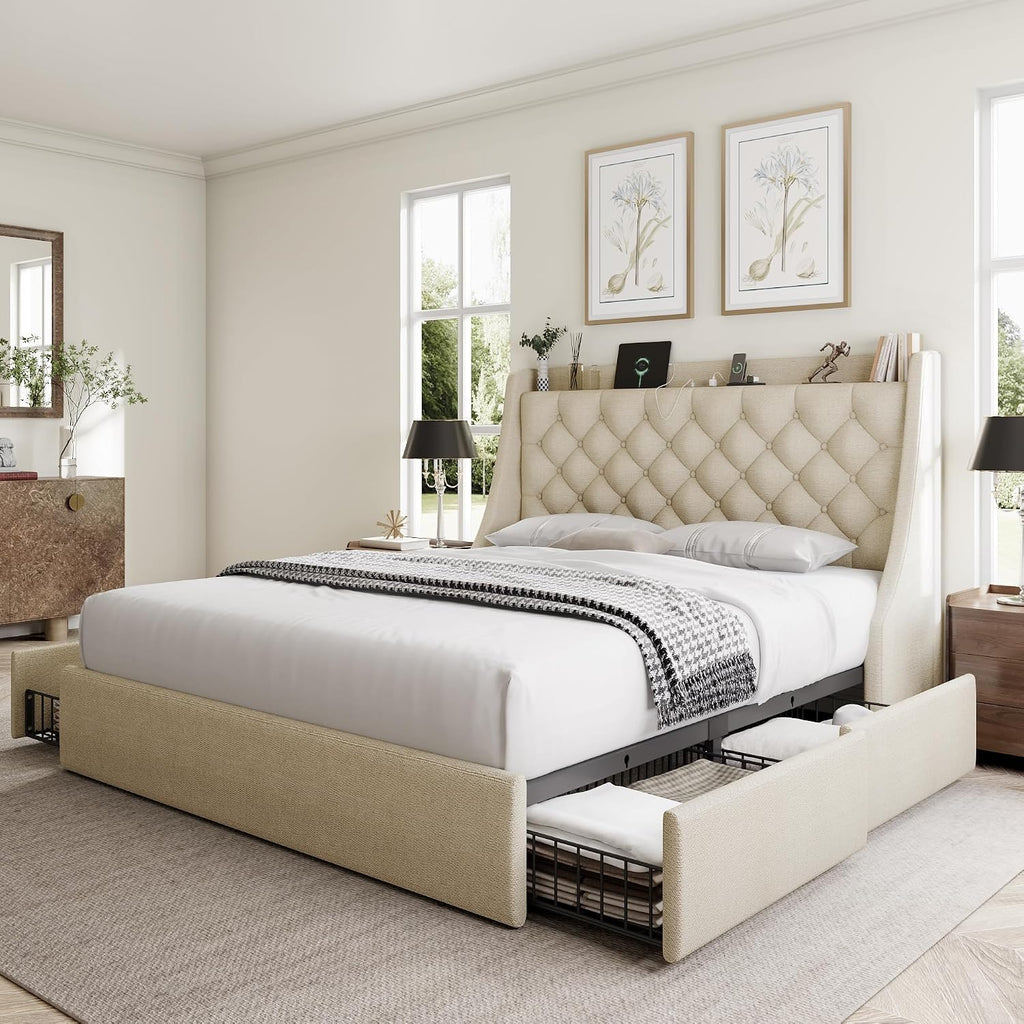GalnFu Full Size Bed Frame with 4 Storage Drawers, Large Upholstered Wingback Headboard, Fast Charging Station, No Box Spring Needed, Noise-Free, Beige