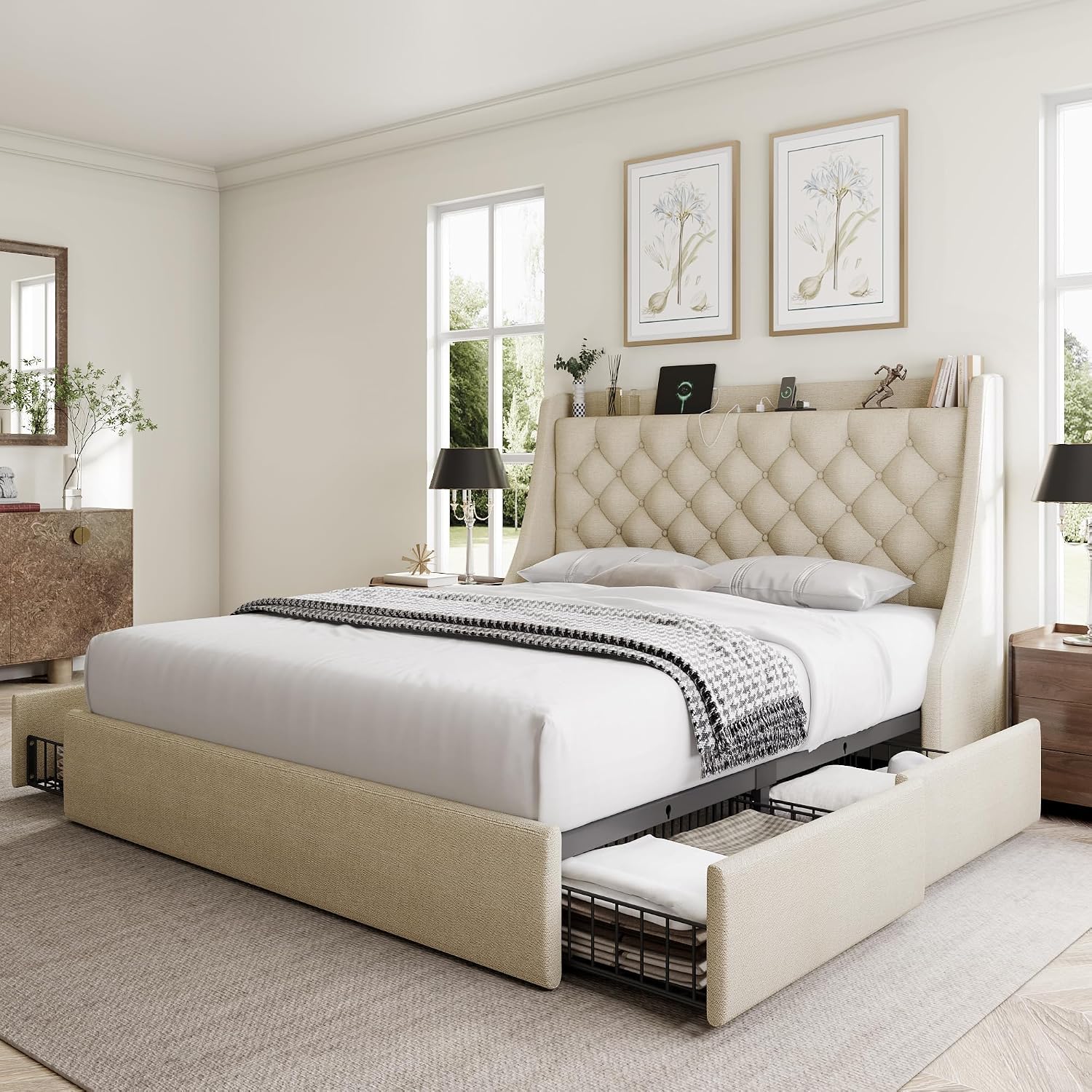 GalnFu Full Size Bed Frame with 4 Storage Drawers, Large Upholstered Wingback Headboard, Fast Charging Station, No Box Spring Needed, Noise-Free, Beige