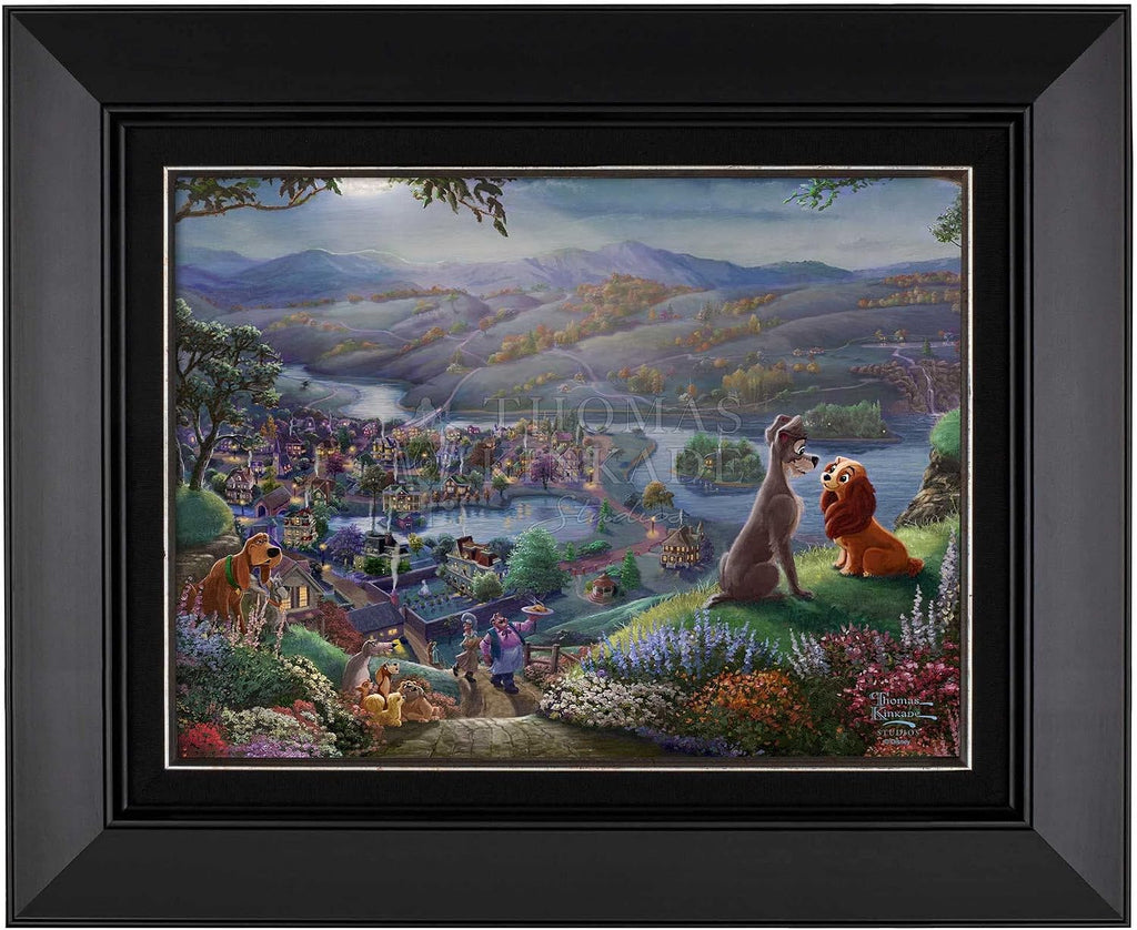 Thomas Kinkade Lady and the Tramp Falling In Love 12 x 16 Canvas Classics with Black