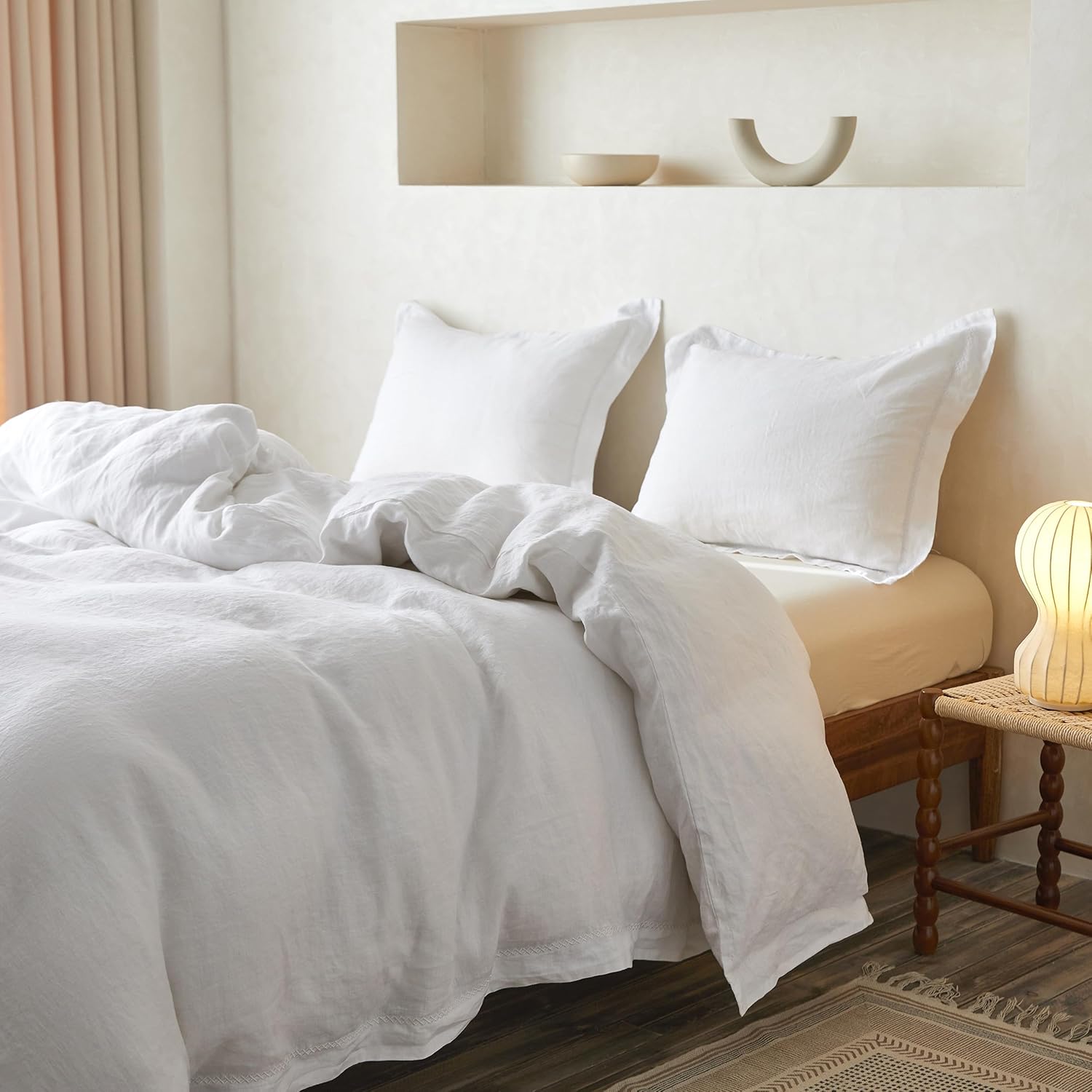 Simple&Opulence 100% Linen Duvet Cover Set with Crossed Embroidery Washed - 3 Pieces (1 Duvet Cover with 2 Pillow Shams) Soft Breathable Farmhouse - White, King Size