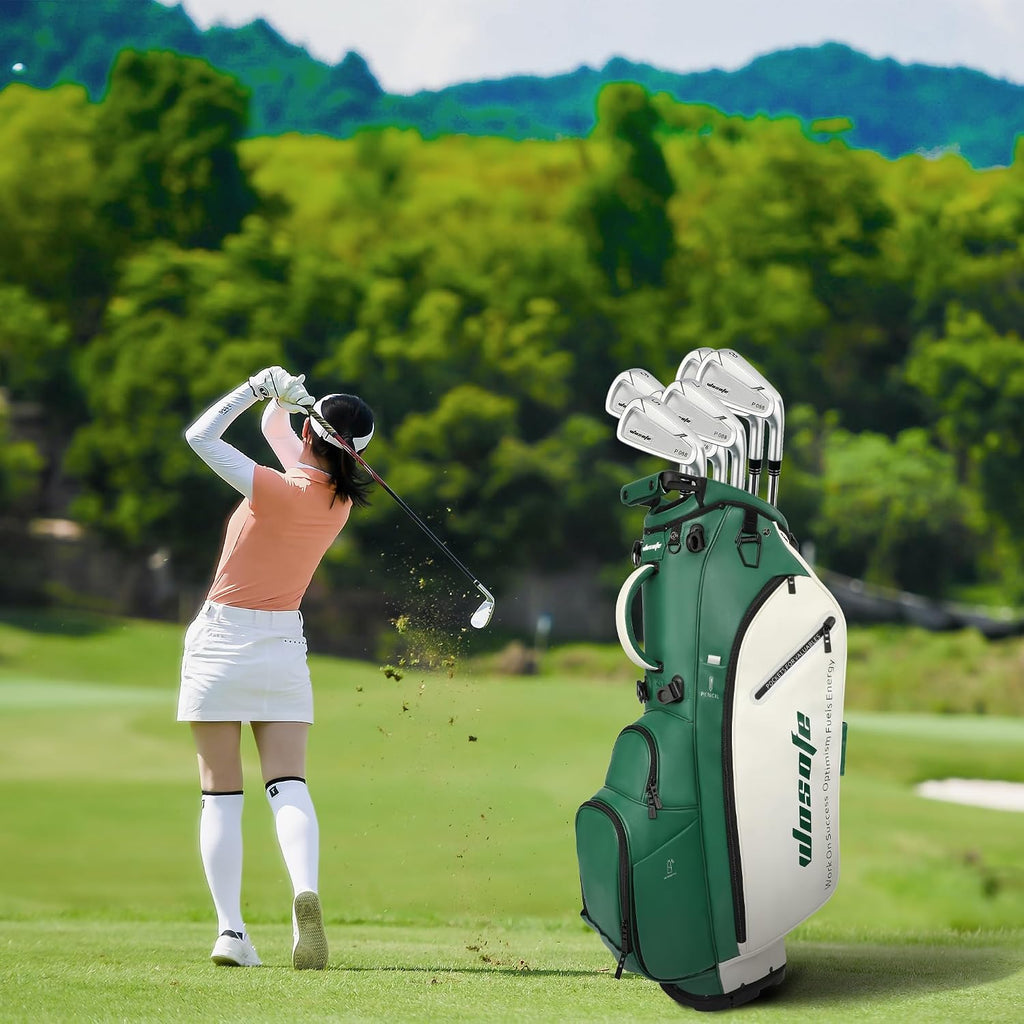 WOSOFE PU Golf Bag with 6/14 Way Top Dividers Automatically Adjustable Dual Straps Elegant Design for Men Women Pu Golf Stand Bag with Multiple Pockets