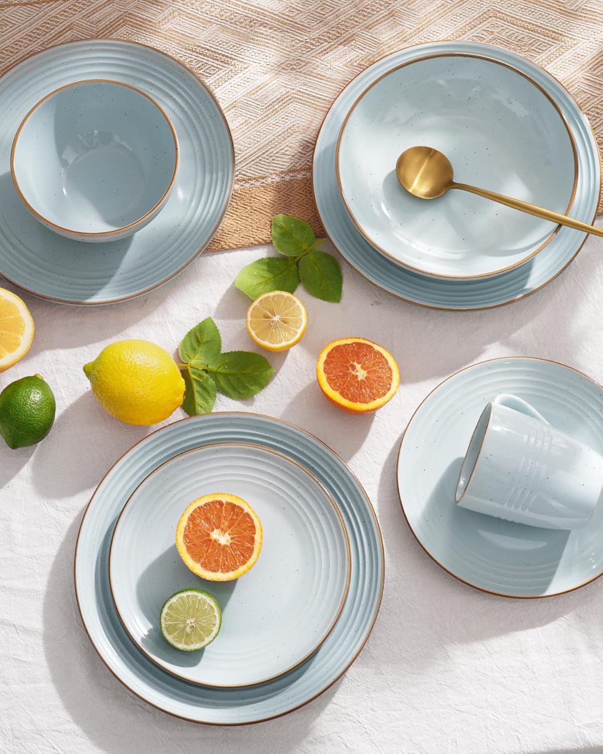 Famiware Jupiter 18-Piece Stoneware Dinnerware Sets for 6 – Handcrafted Plates and Bowls with Speckles & Embossed Swirls, Chip & Scratch Resistant, Modern Rustic Dishes for Daily & Formal Use, Blue
