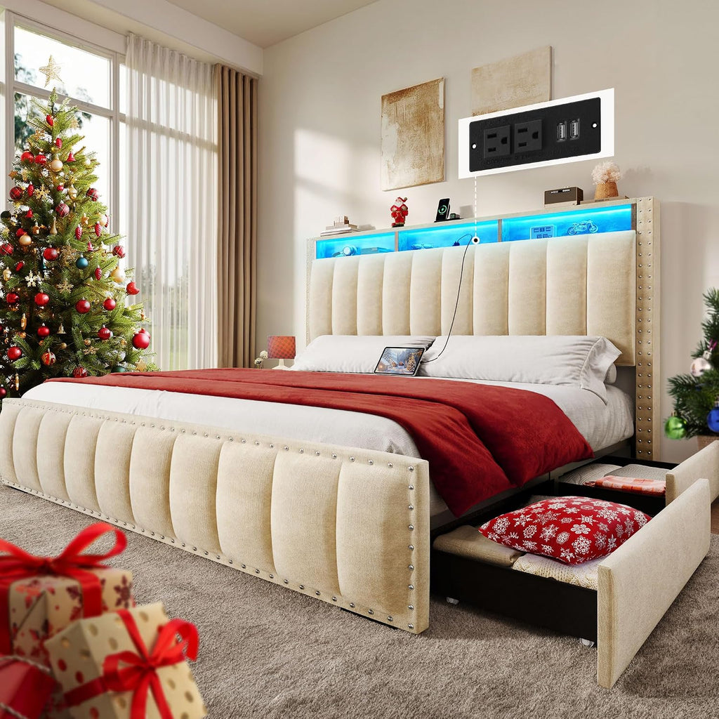 YITAHOME Full Size Bed Frame with 4 Storage Drawers and RGB LED Lights, Velvet Upholstered Platform Bed with Charging Station and Storage Headboard, No Box Spring Needed, Easy Assembly, Beige