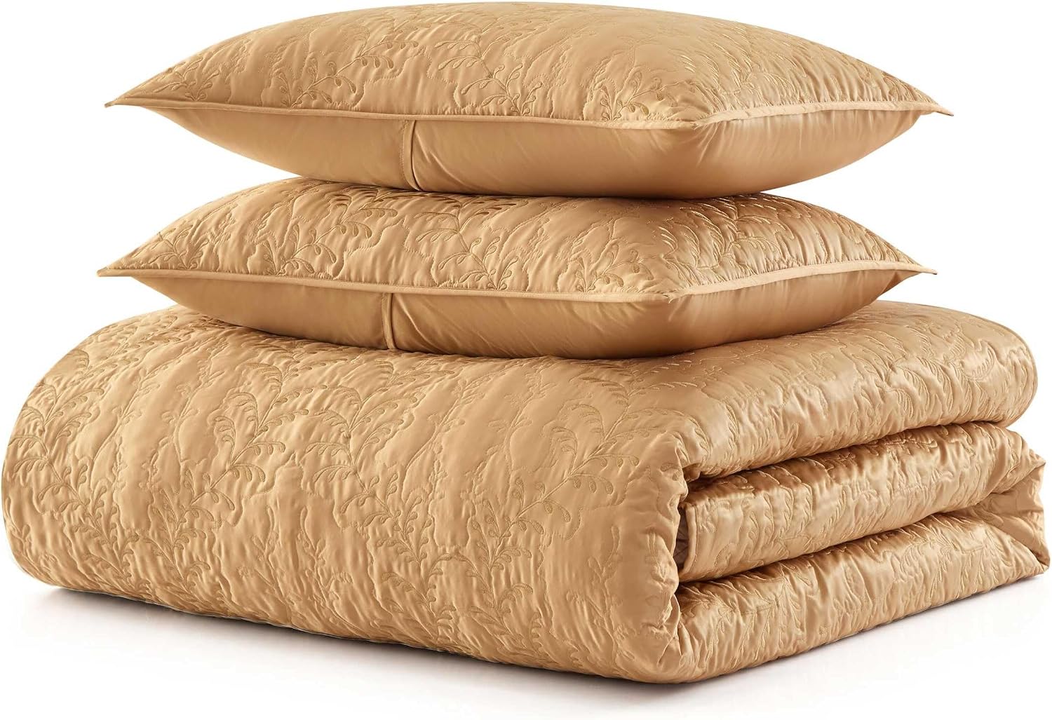 Martha Stewart - King Size Quilt Set, Soft & Smooth Sateen Bedding with a Light and Breathable Feel, 3 Piece Bed Set with Matching Pillowcases (Fern Embroidery Beige)