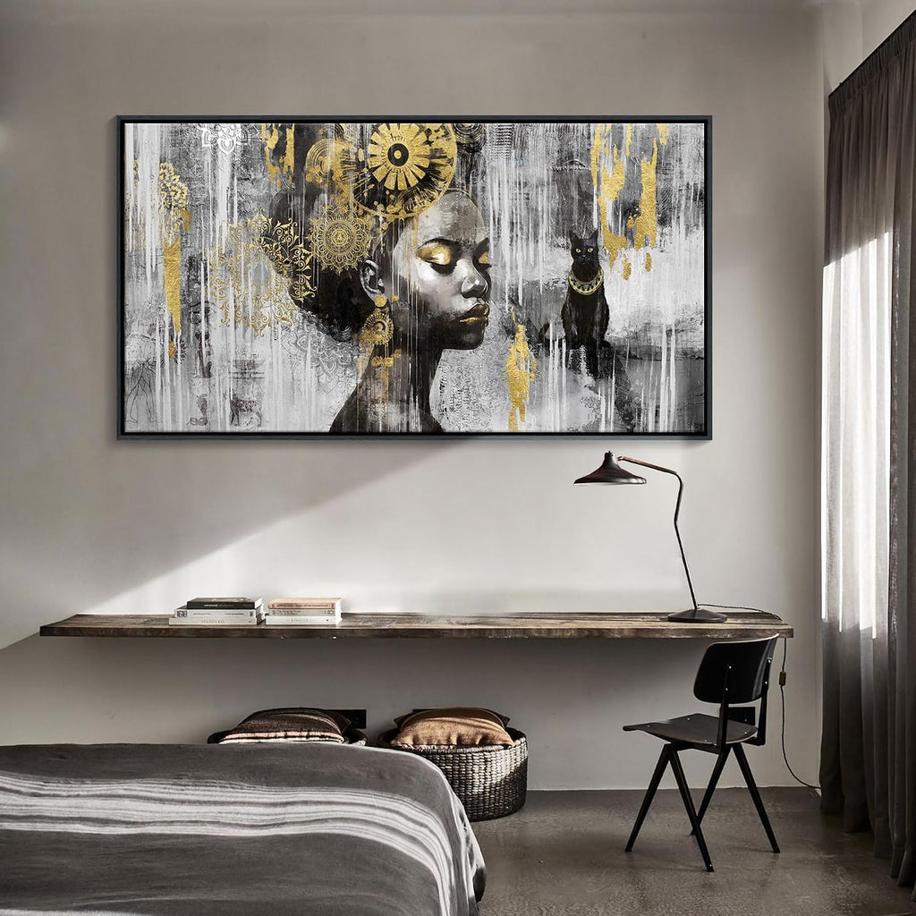 KLAKLA Large Black Wall Art - African American Black Girl Wall Art Colorful Black African Woman Black and Gold Canvas Picture Framed Wall Decor for Living Room Bedroom Home Decoration