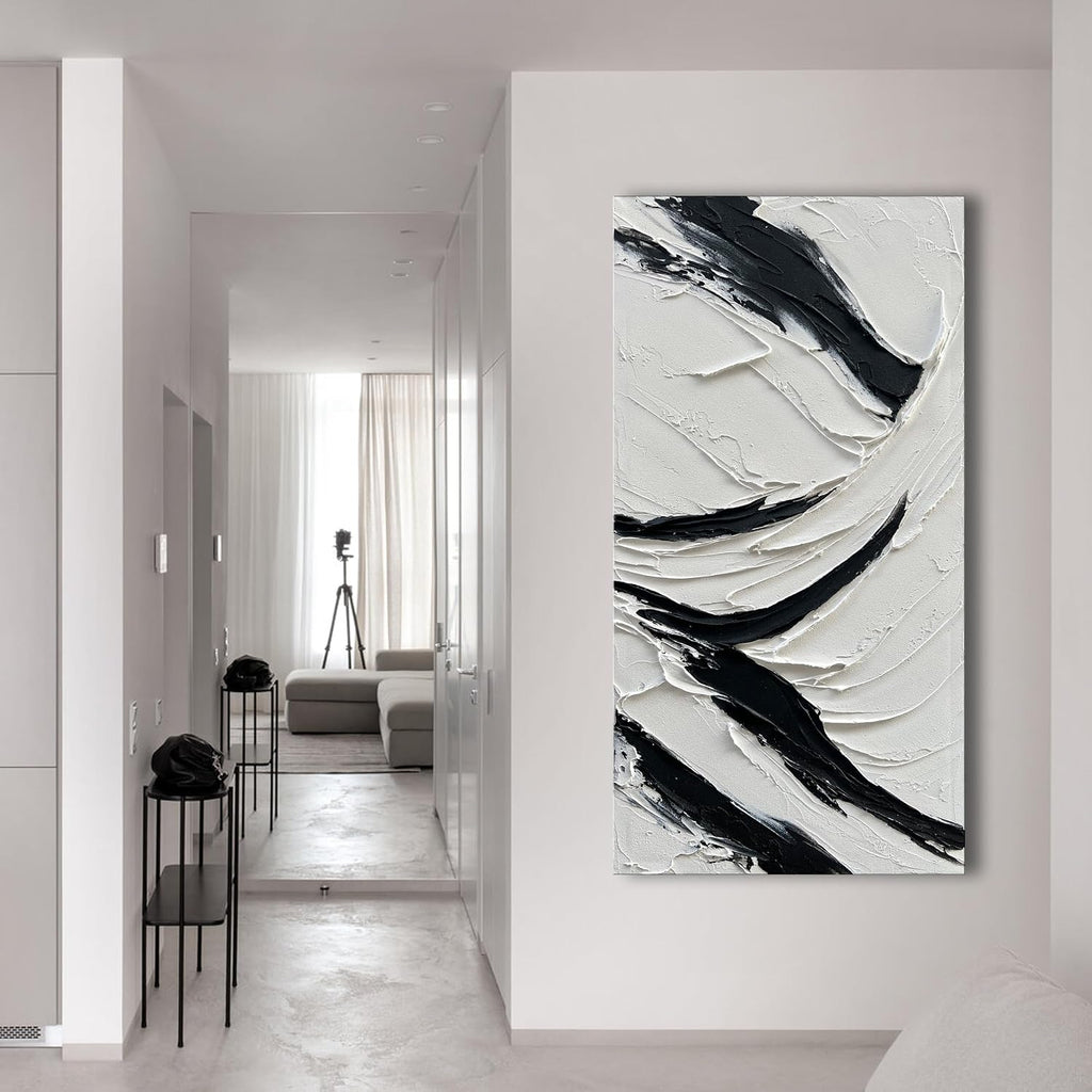 NANKAI Art Hand Painted Oil on Canvas in Black and White 48x24 inches Modern Abstract Minimalist Oil Painting Home Wall Decorative Art